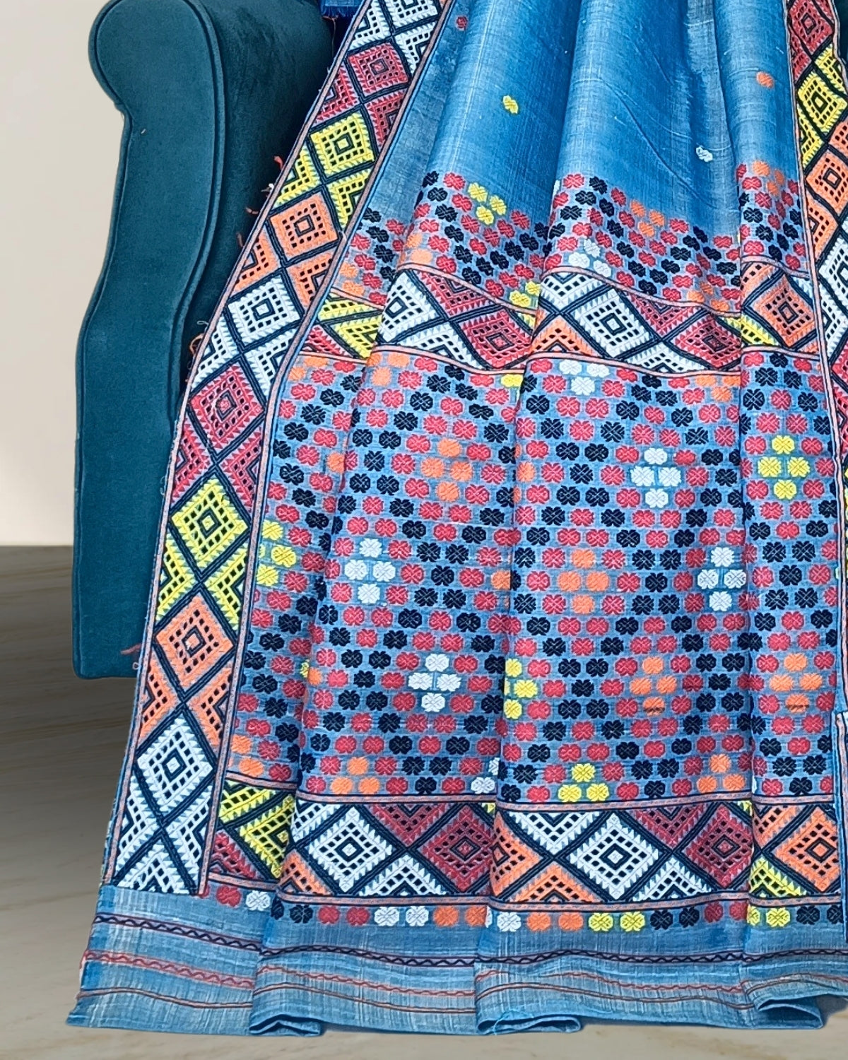 Blue semi nuni Mising mekhela sador - DMC motifs