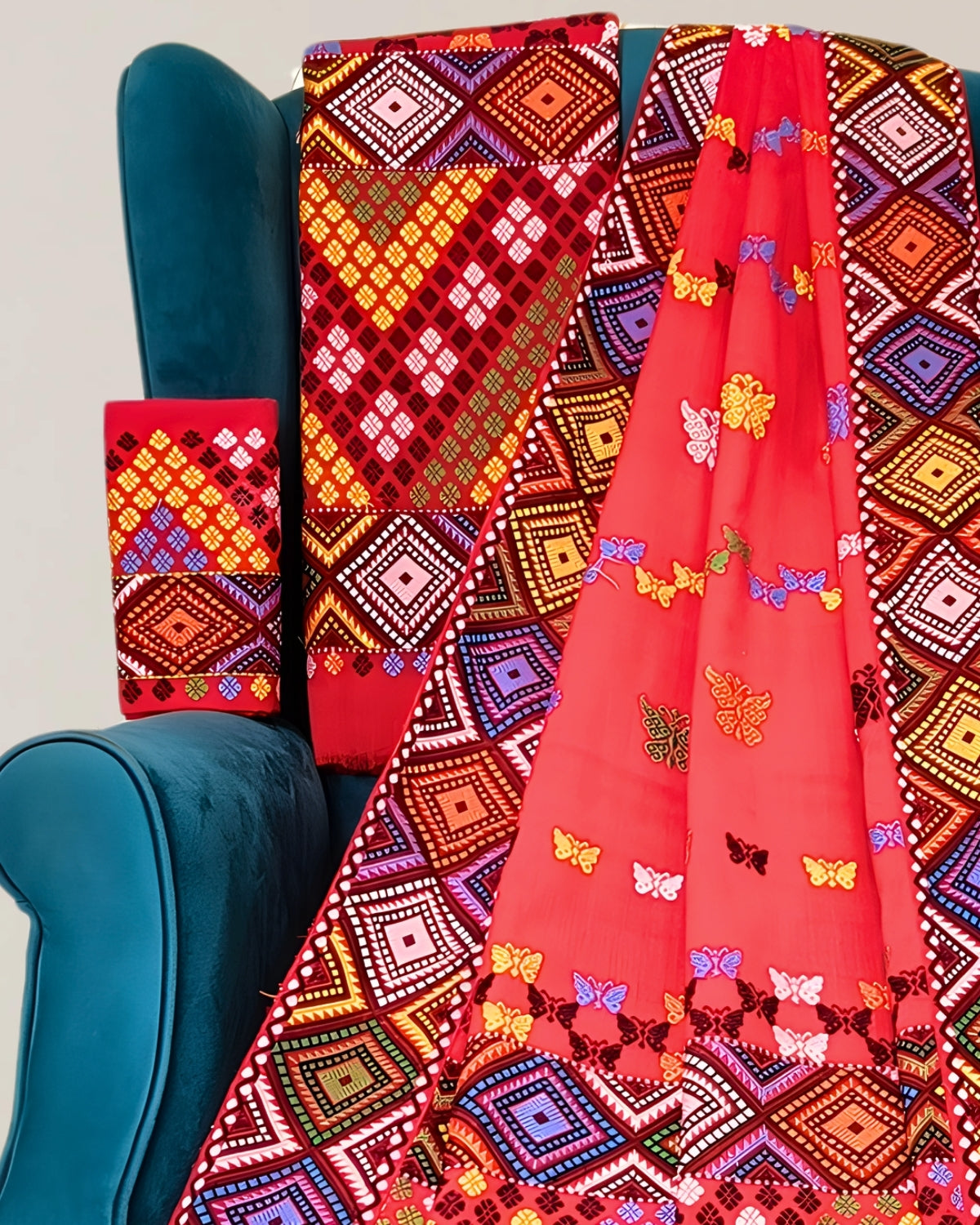 Red padmini coton Mising mekhela sador- DMC motif work