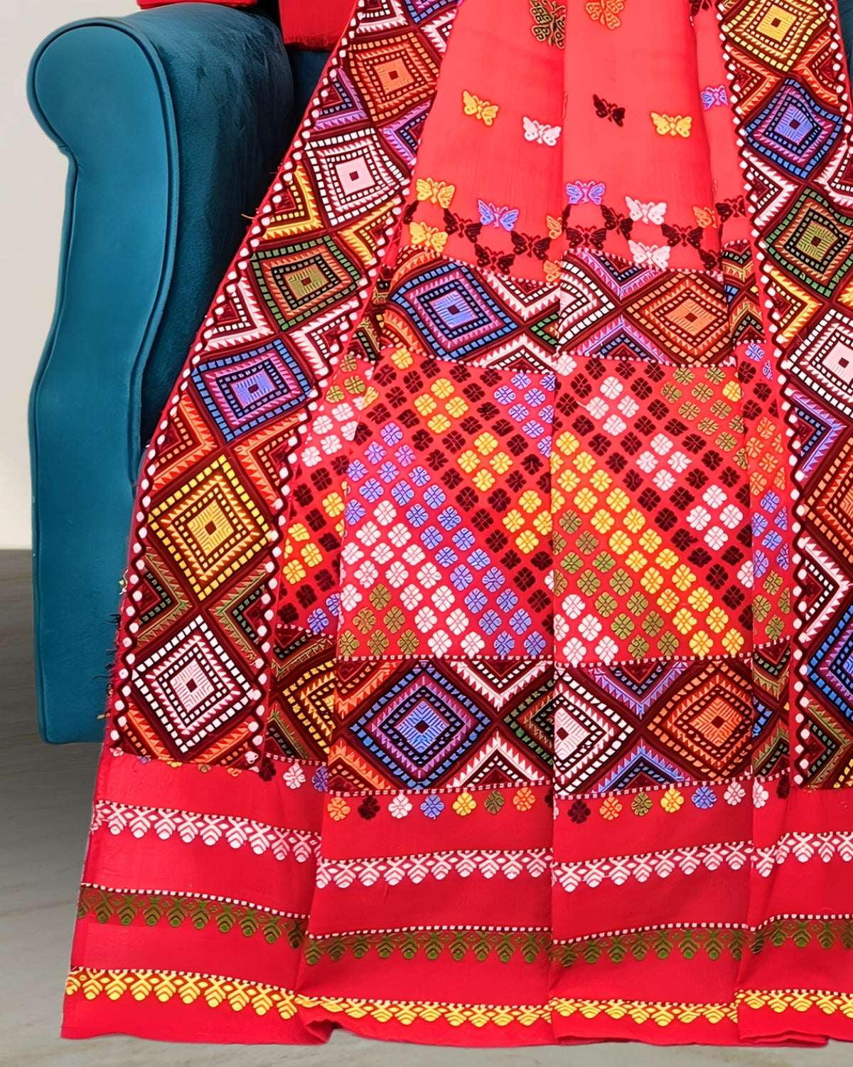 Red padmini coton Mising mekhela sador- DMC motif work