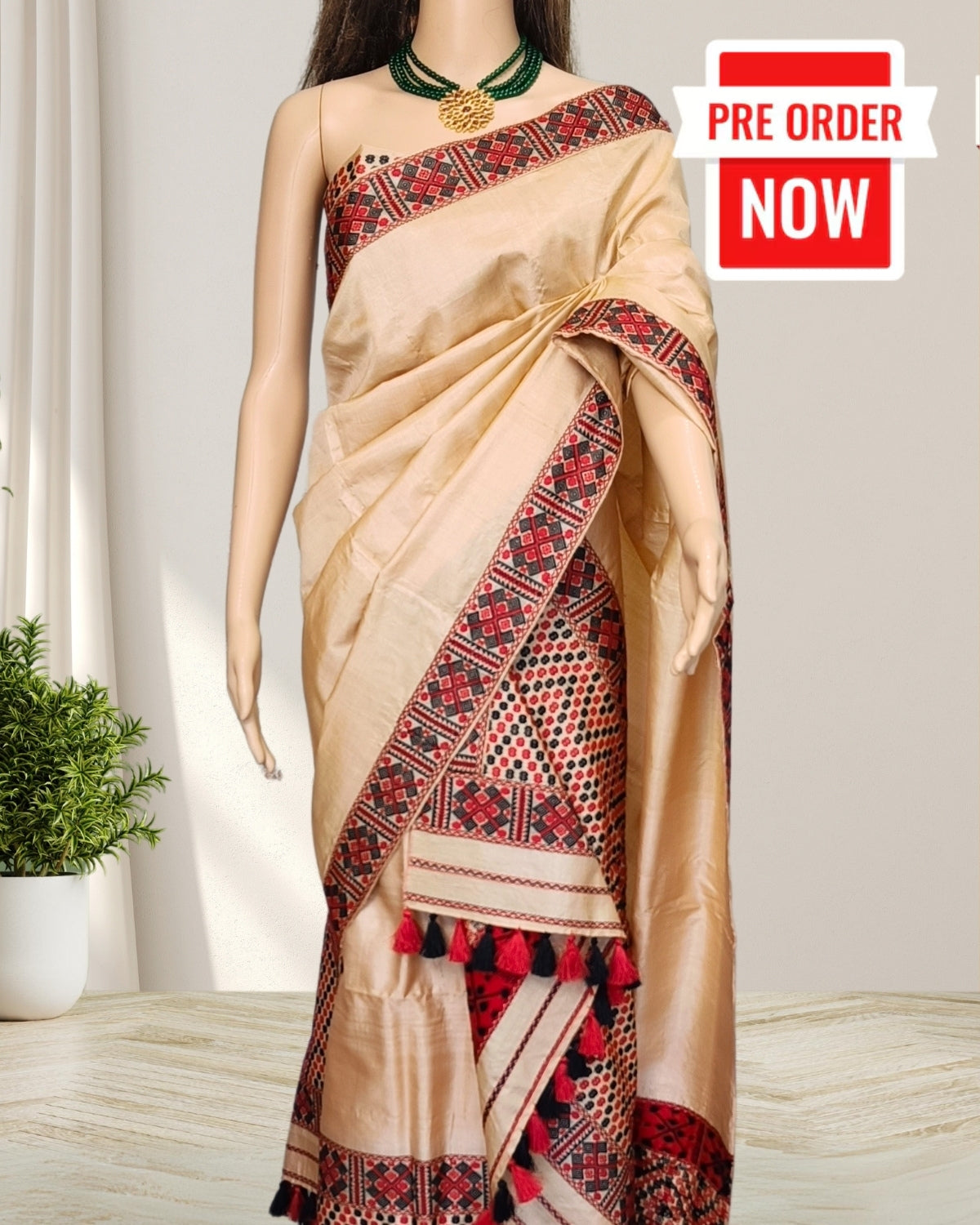 Tussar silk mekhela chadar in Mising tribal design