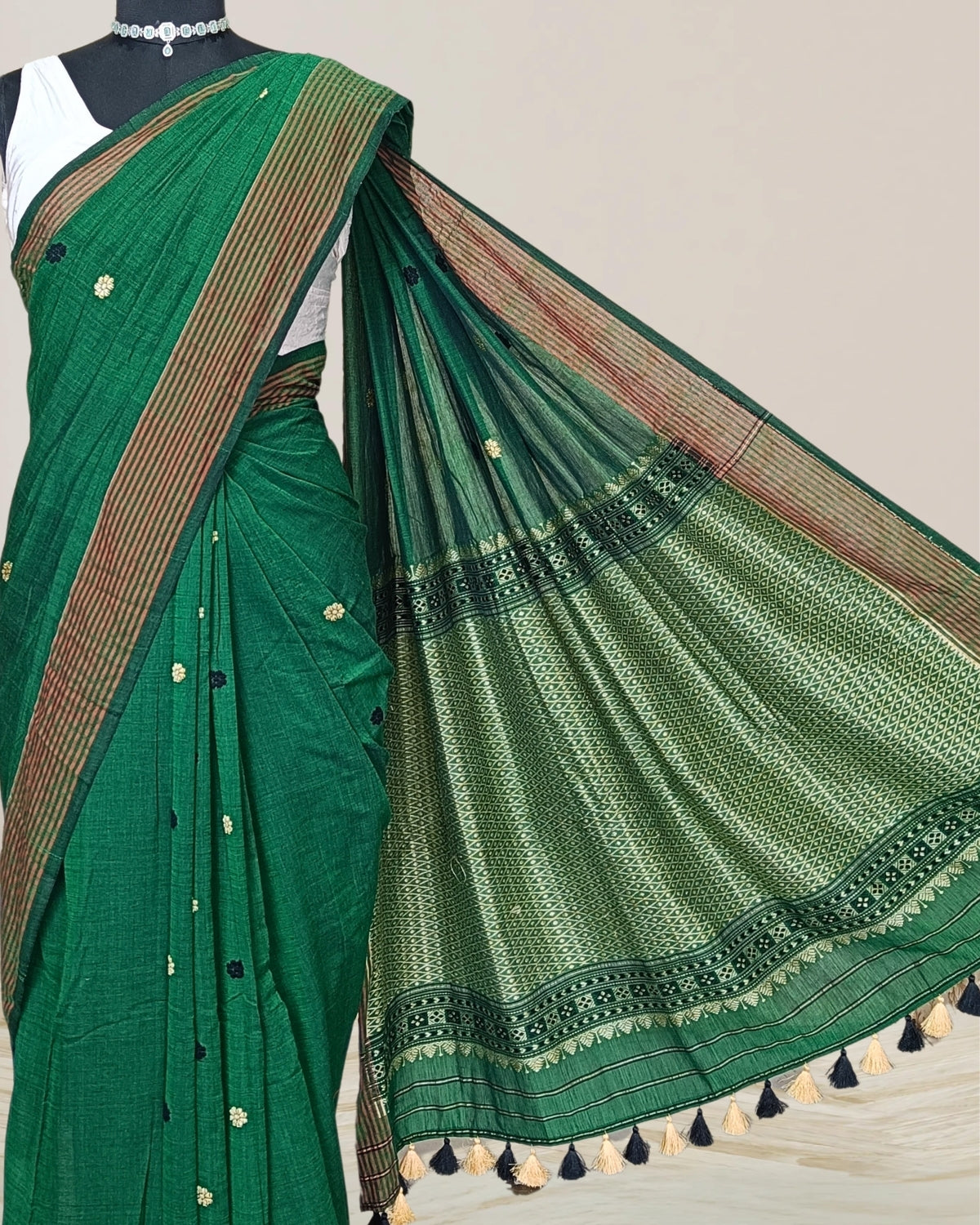 Green pure cotton saree with designer motifs