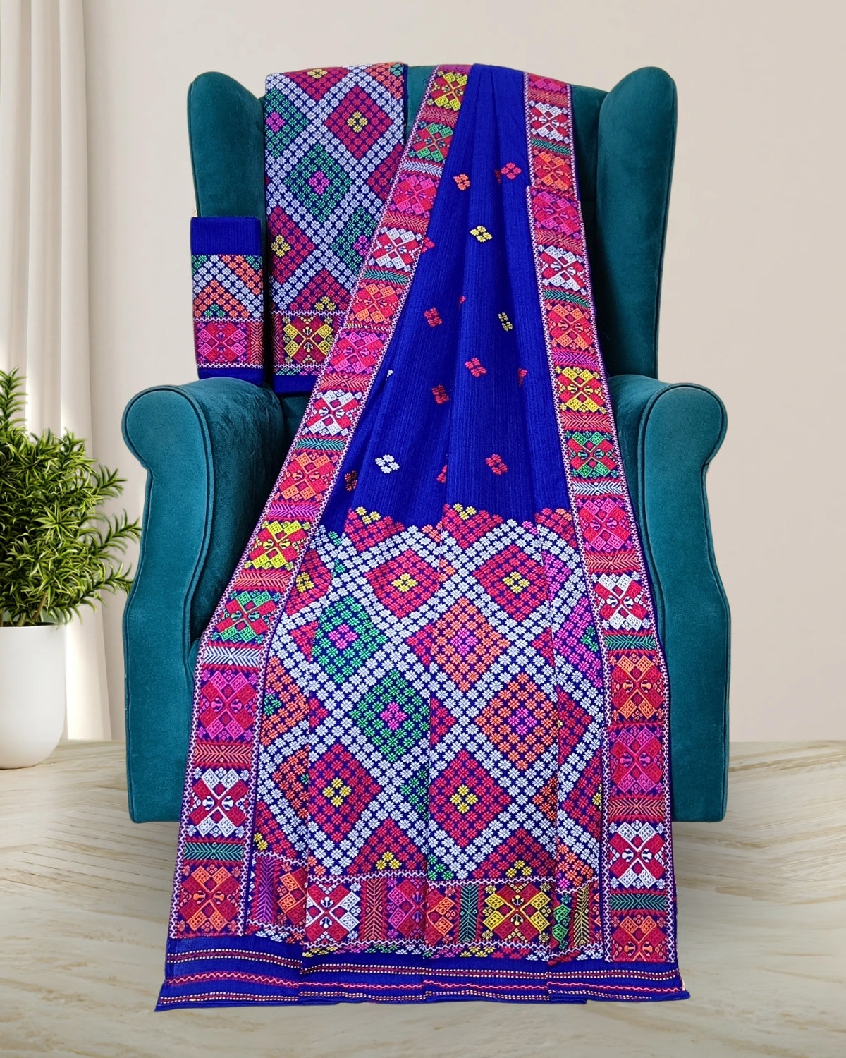 Royal blue padmini cotton Mising mekhela sador - DMC motifs