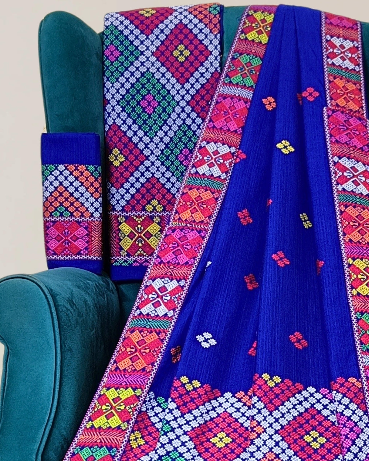 Royal blue padmini cotton Mising mekhela sador - DMC motifs