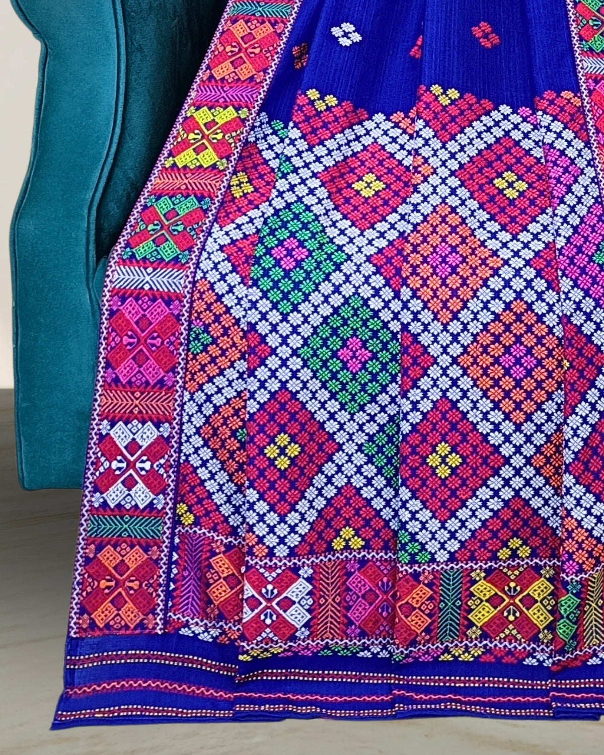 Royal blue padmini cotton Mising mekhela sador - DMC motifs