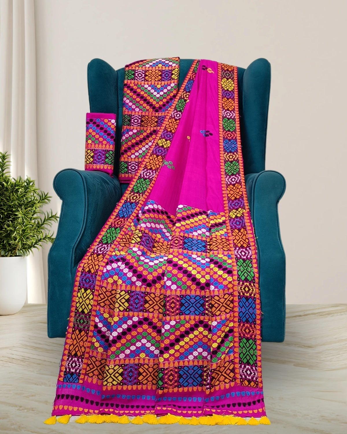 Rani pink Mulberry silk x padmini cotton Mising mekhela chadar - DMC motif work