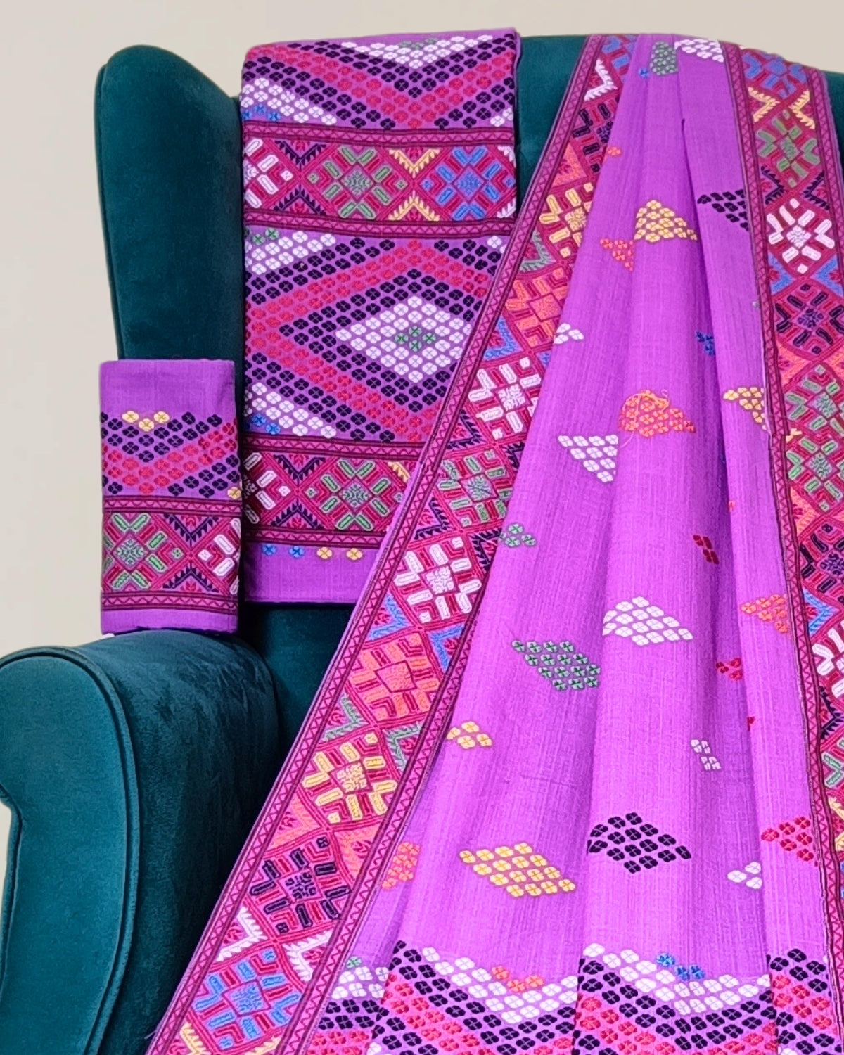 Royal purple padmini cotton Mising mekhela sador - DMC motifs