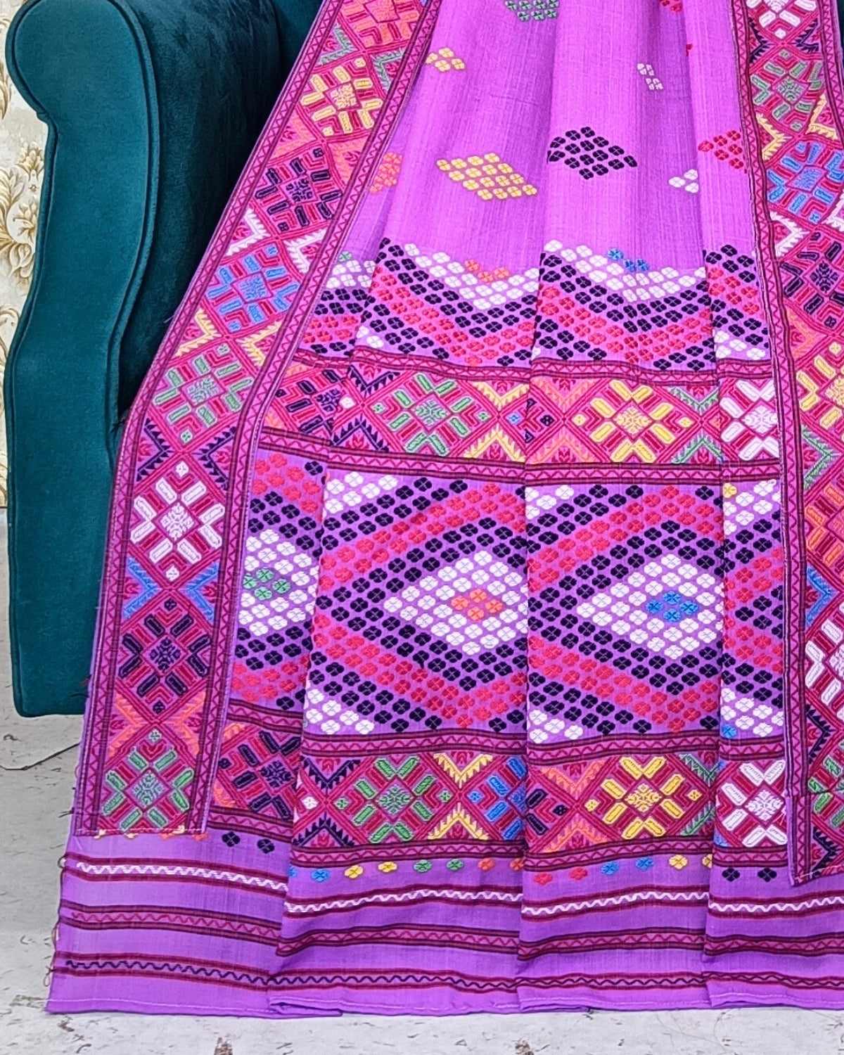 Royal purple padmini cotton Mising mekhela sador - DMC motifs