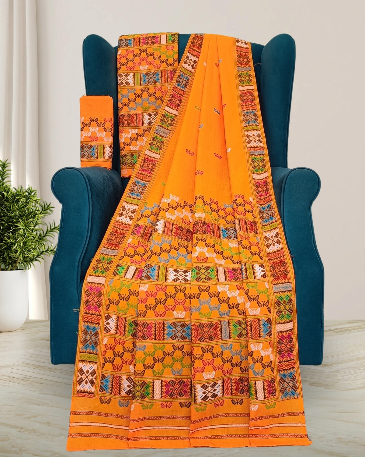 Orange padmini cotton Mising mekhela sador - DMC motifs