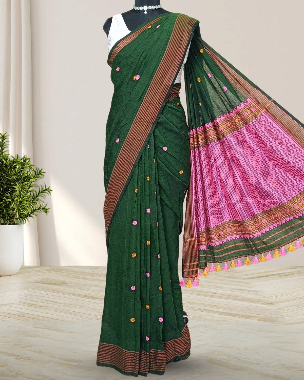 Bottle green pure cotton saree with designer motifs
