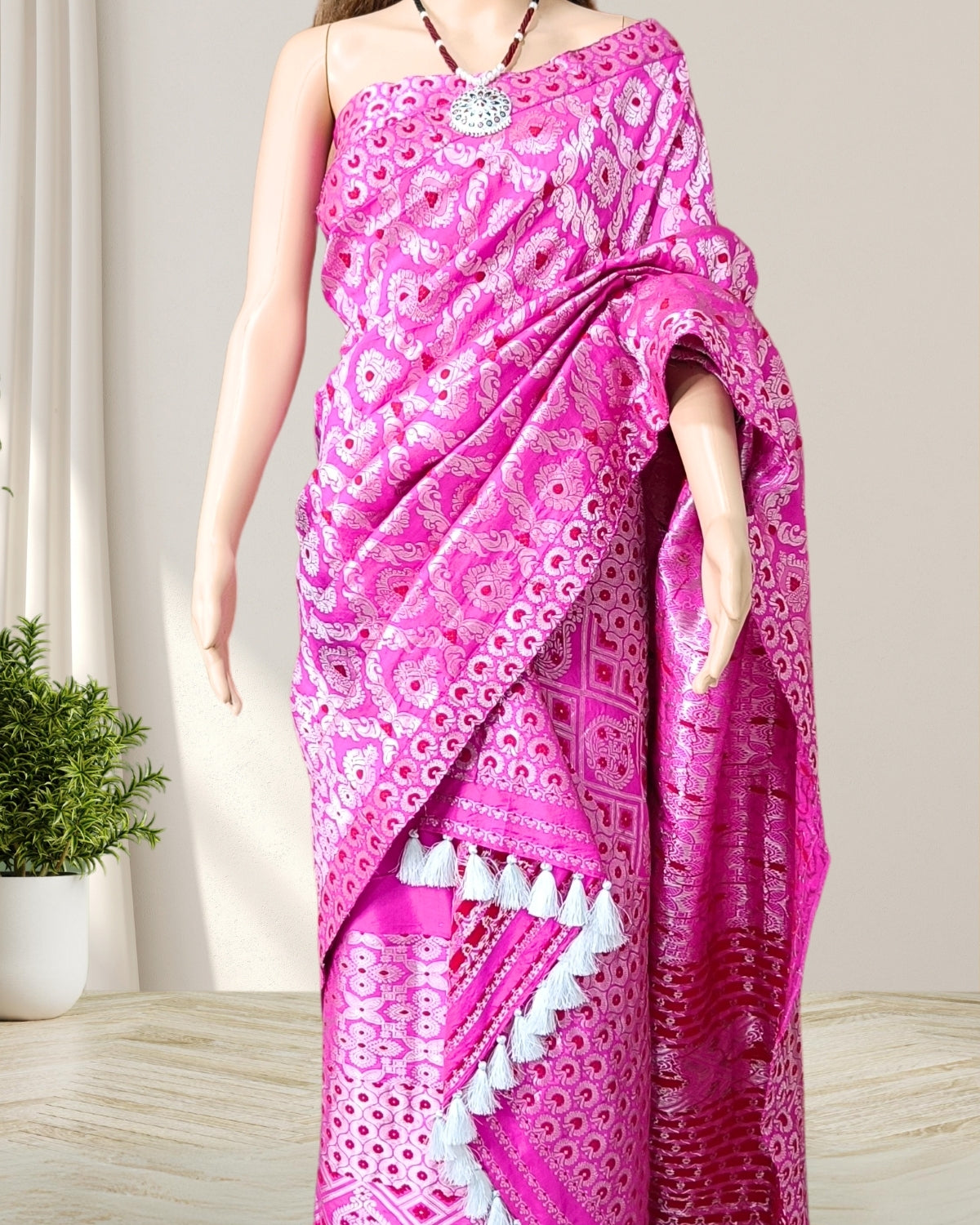 Magenta pink Mulberry silk mekhela sador