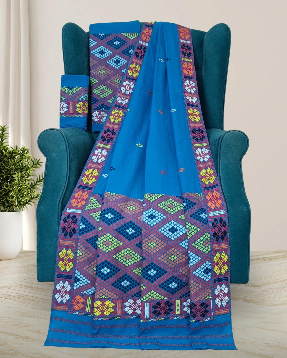 Sky blue padmini cotton Mising mekhela sador- DMC motifs