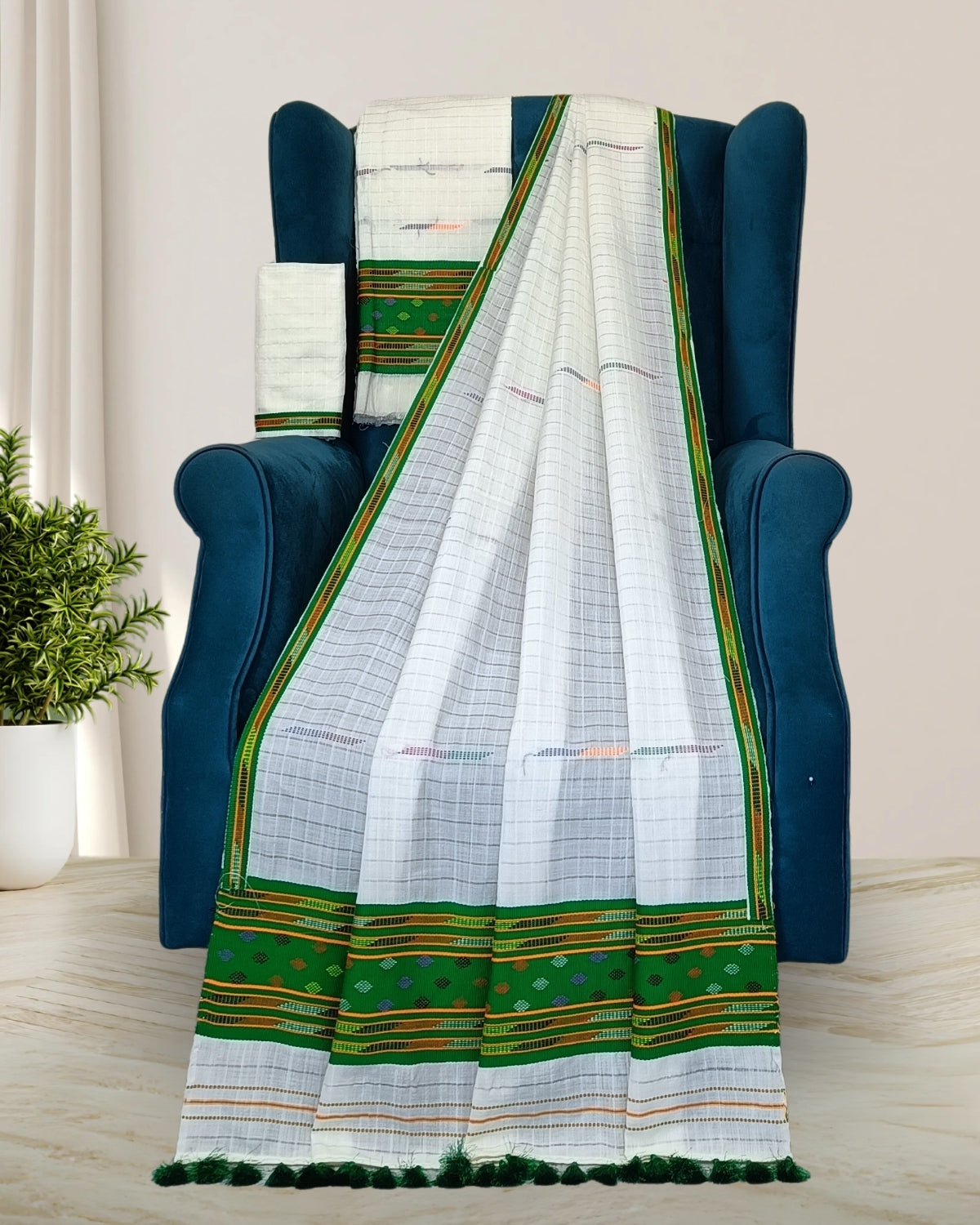 Semi nuni Mising mekhela sador - Green kesh bosa