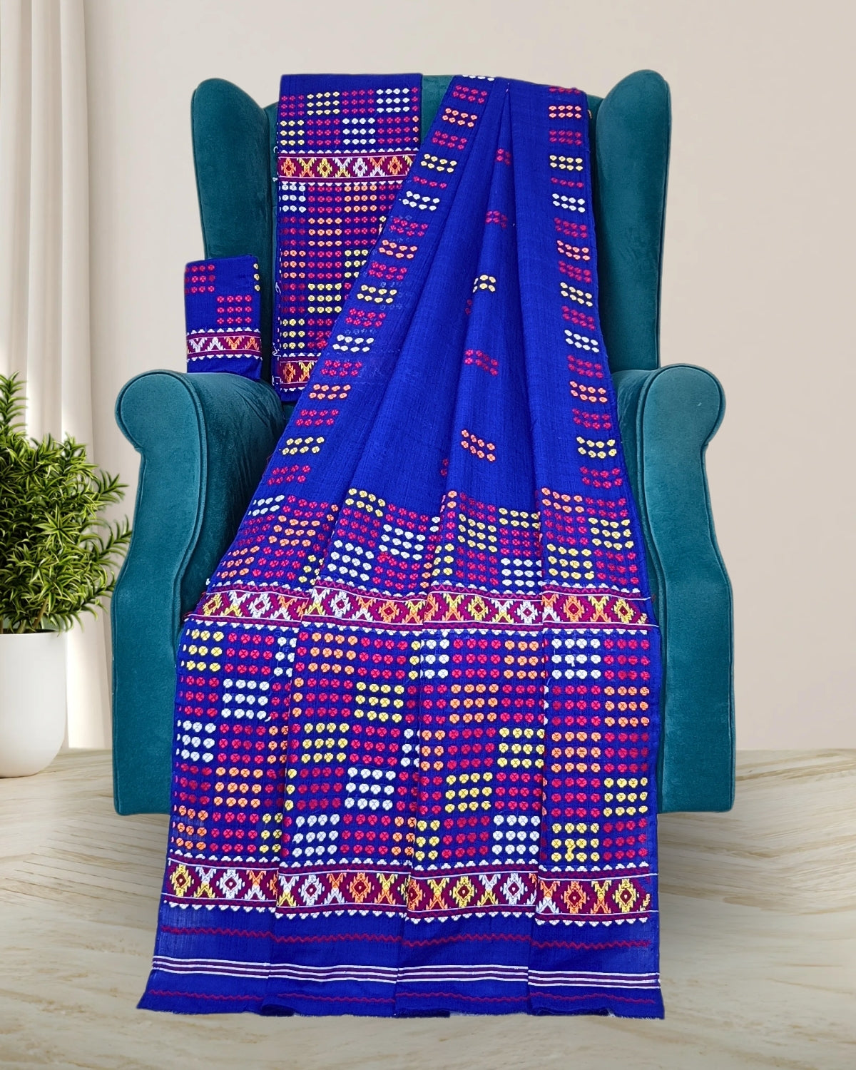 Royal blue padmini cotton Mising mekhela sador - DMC motif work