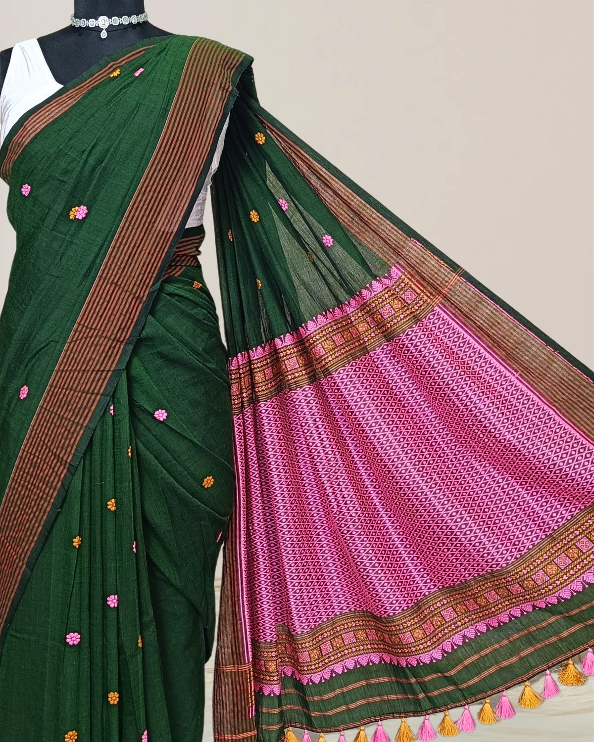 Bottle green pure cotton saree with designer motifs