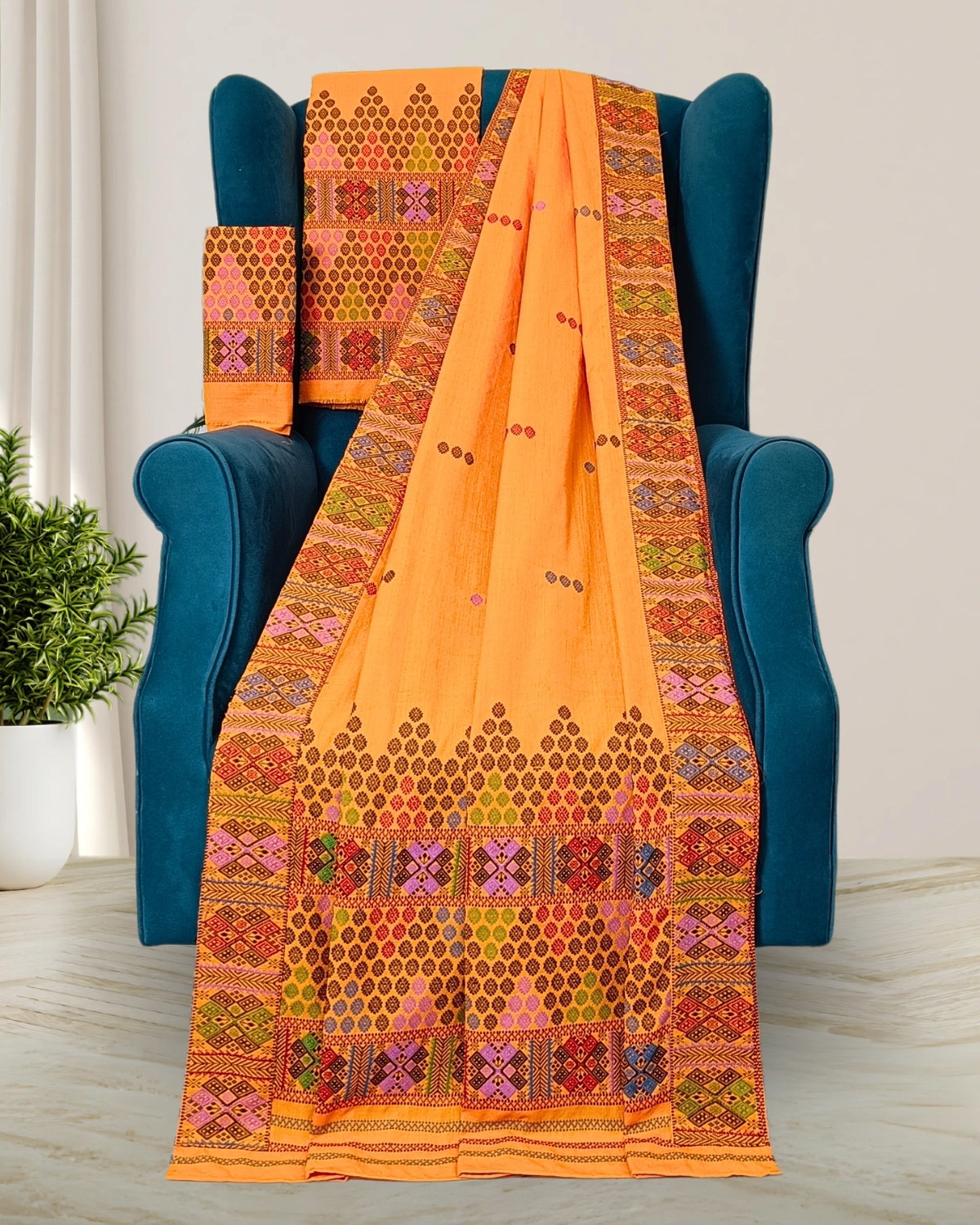Orange padmini cotton Mising mekhela sador