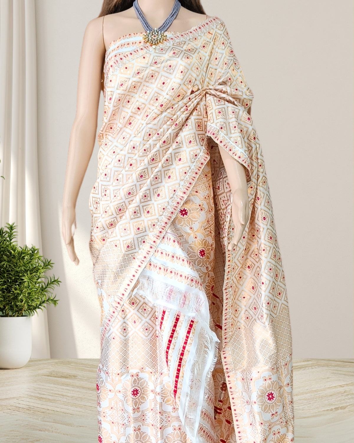 White Pure Mulberry silk mekhela sador