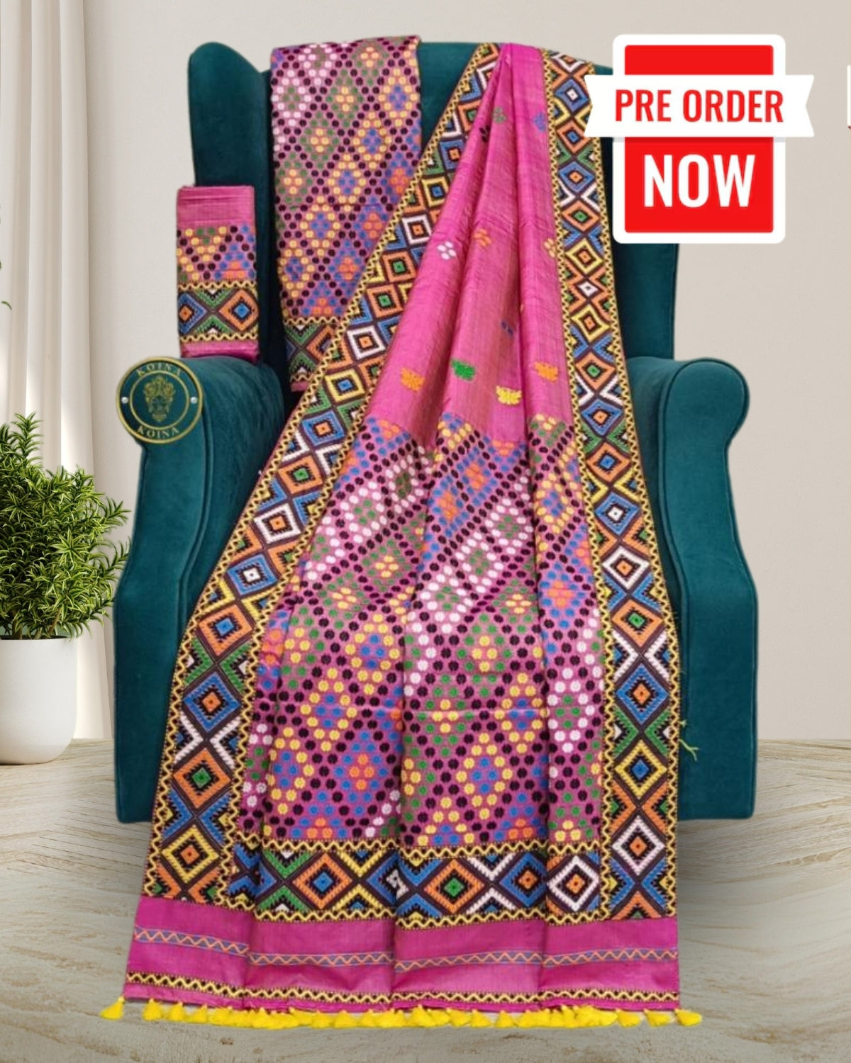 Deep pink Mulberry Silk Mekhela Chadar in Mising tribal design