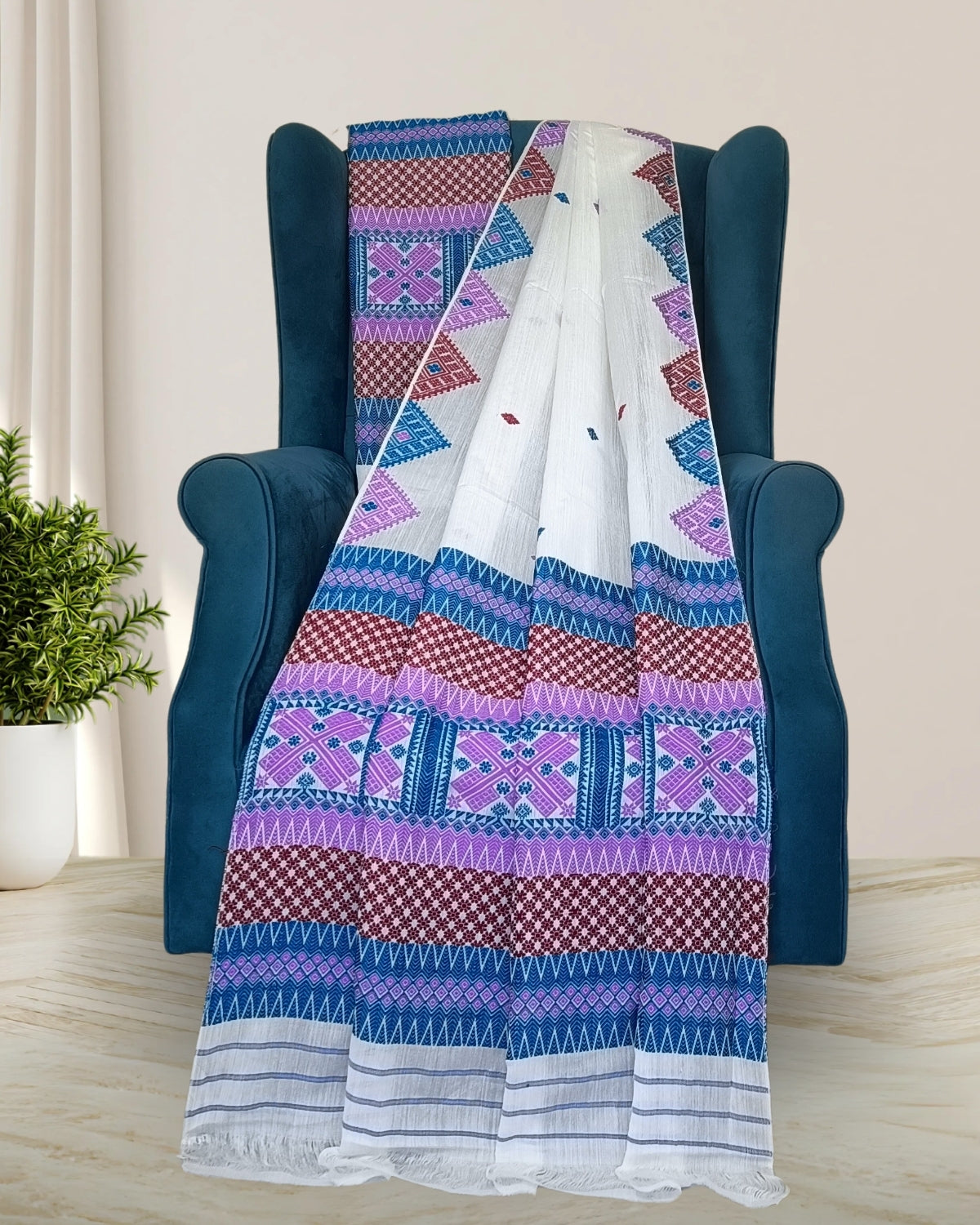 White semi nuni mekhela sador with designer motifs