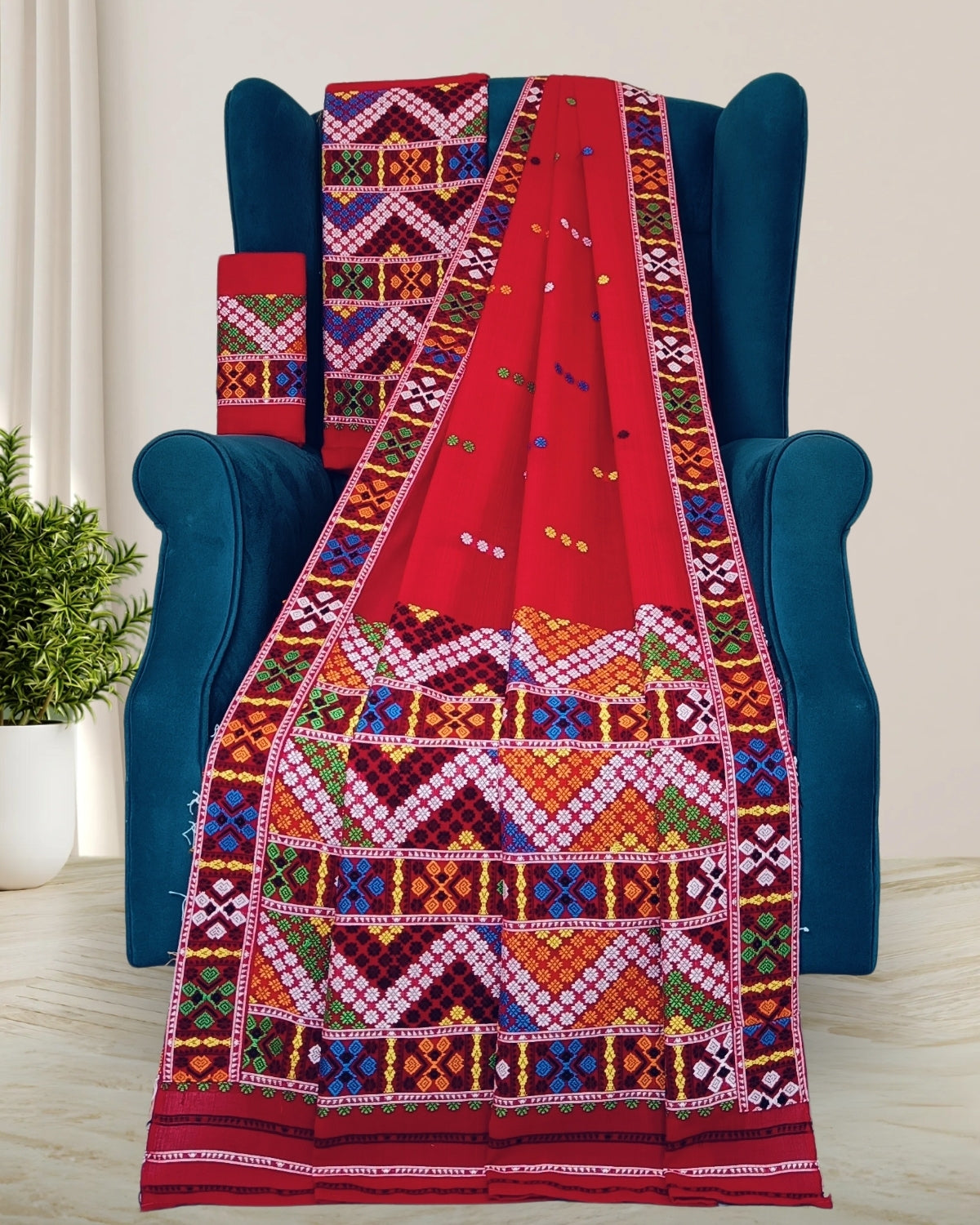 Red padmini cotton Mising mekhela sador - DMC motifs