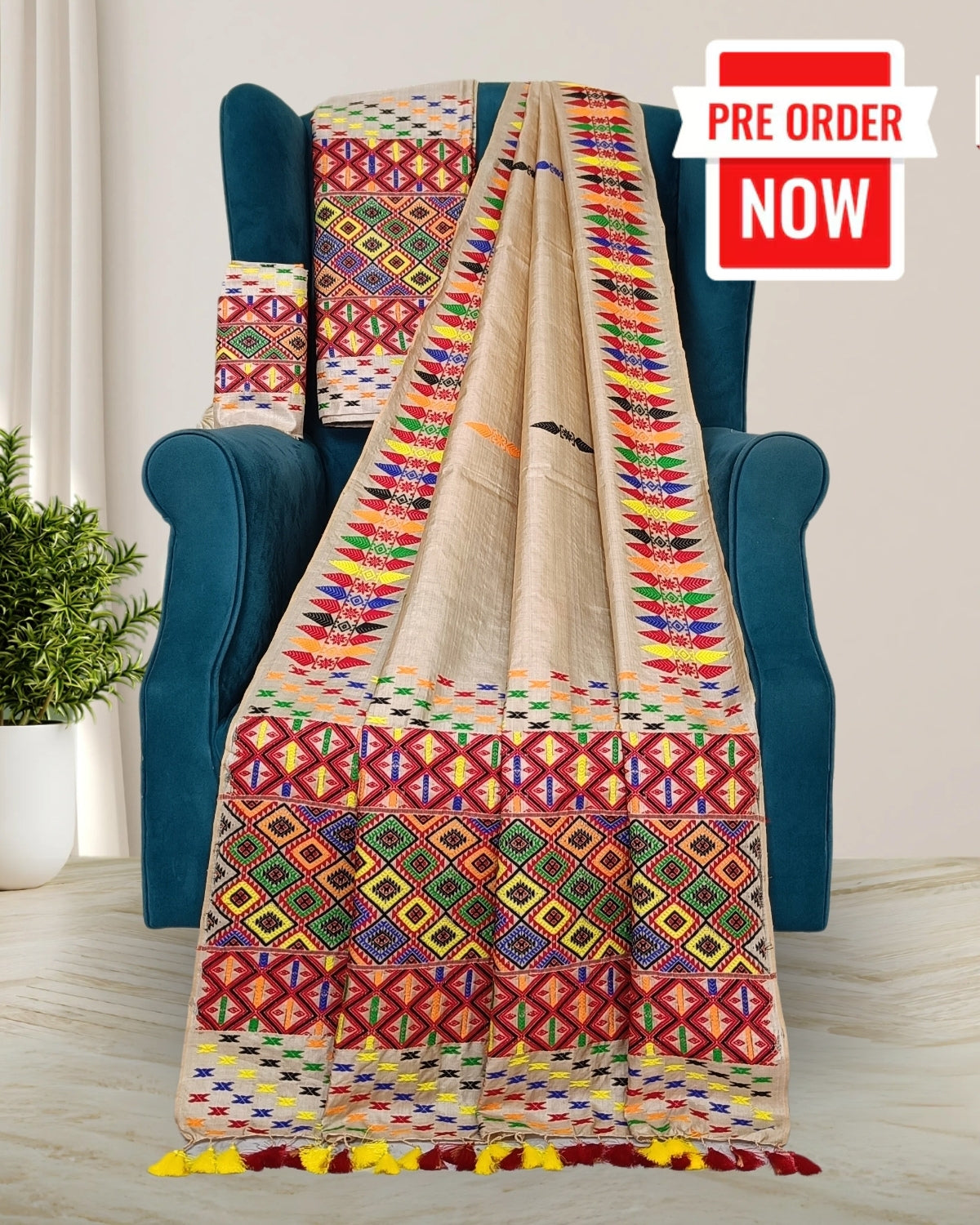 Tussar Silk Mekhela Chadar in Mising tribal design