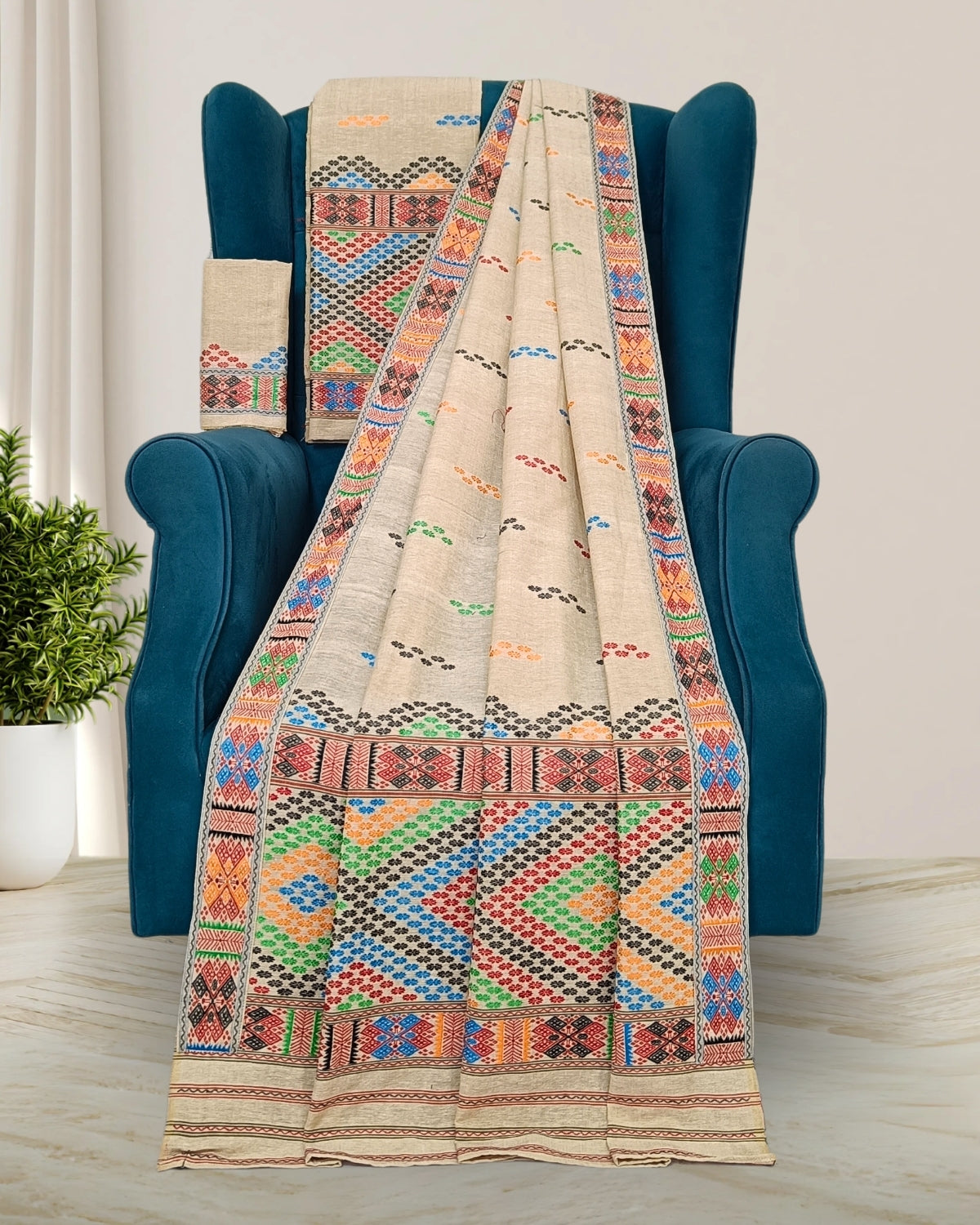 Cream eri x padmini cotton Mising mekhela sador - DMC motif work