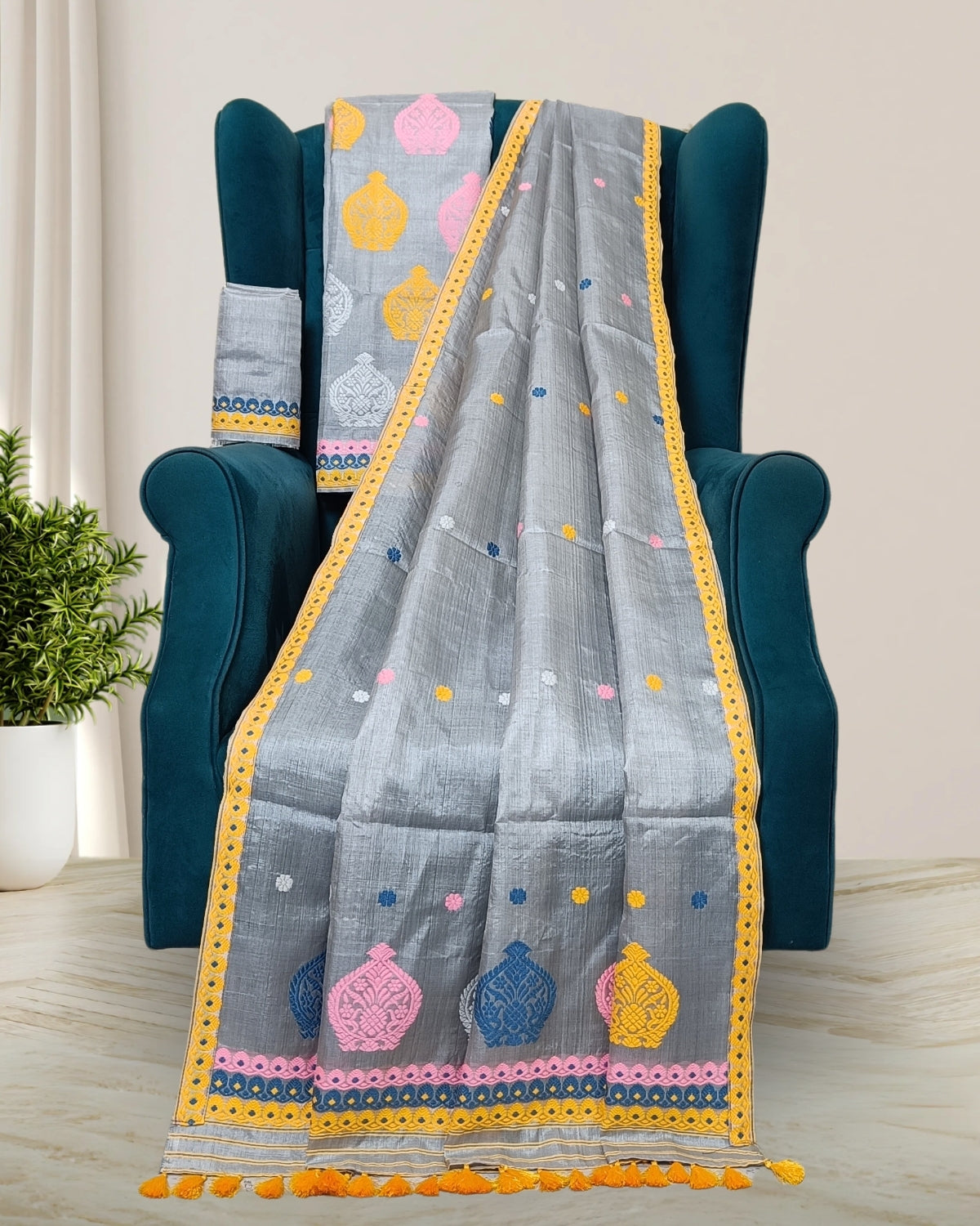 Dyed tussar silk mekhela sador