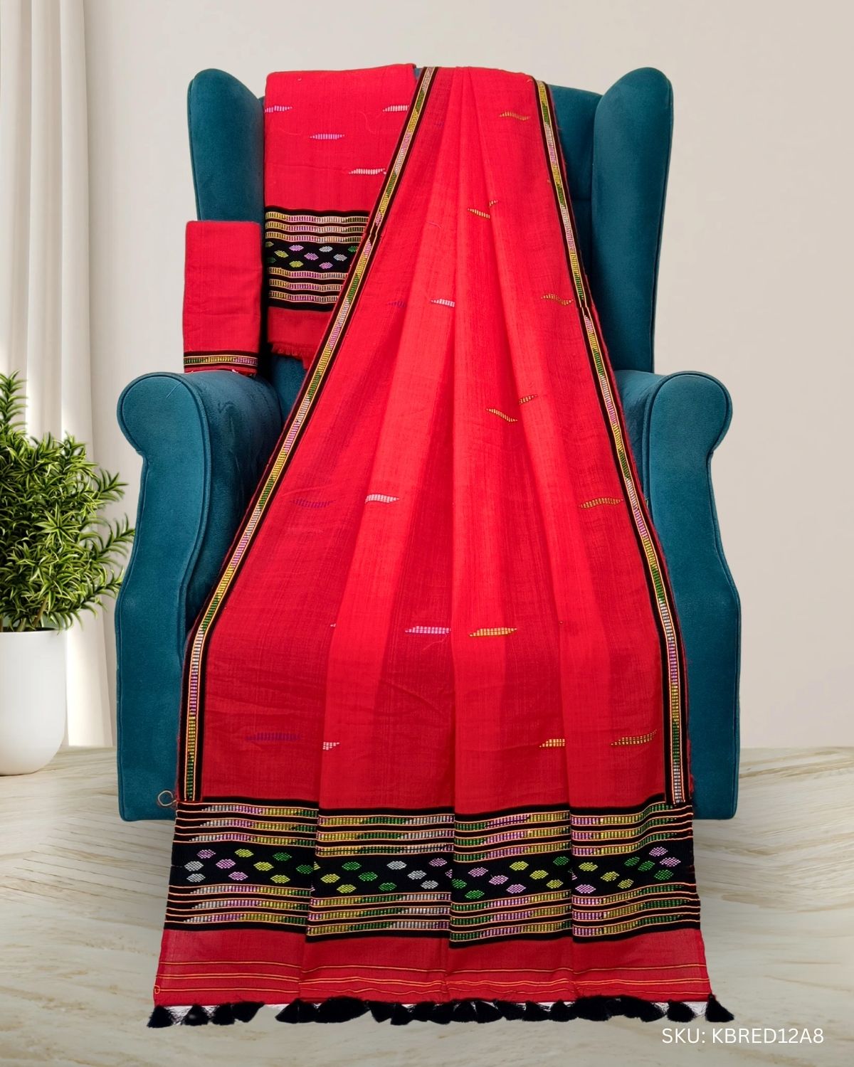 Kesh bosa design Mising mekhela sador - Red