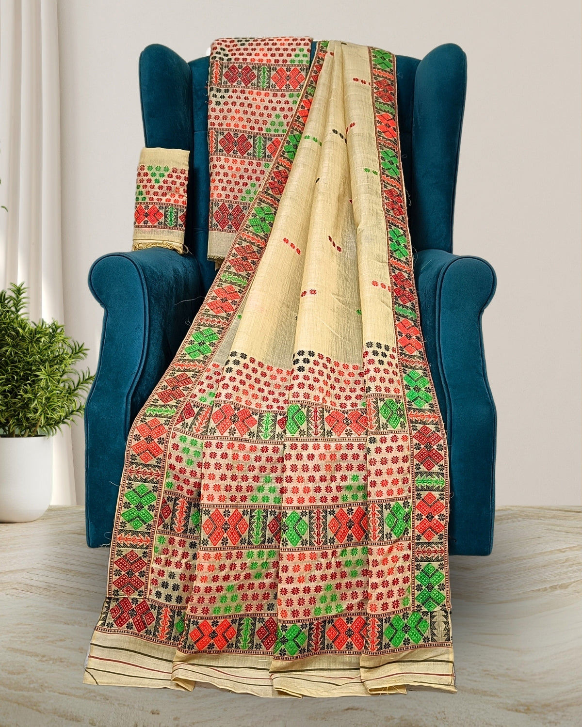 Cream semi nuni Mising mekhela sador