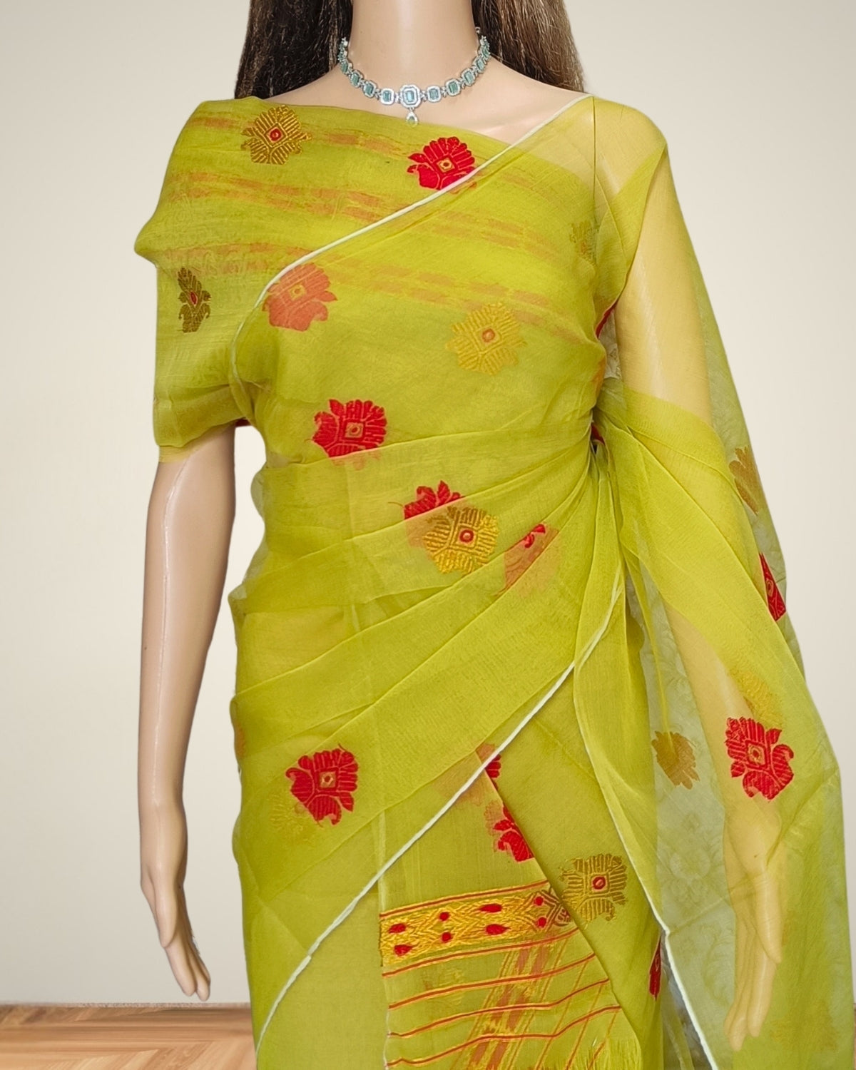 Dyed nuni mekhela sador - Lime green