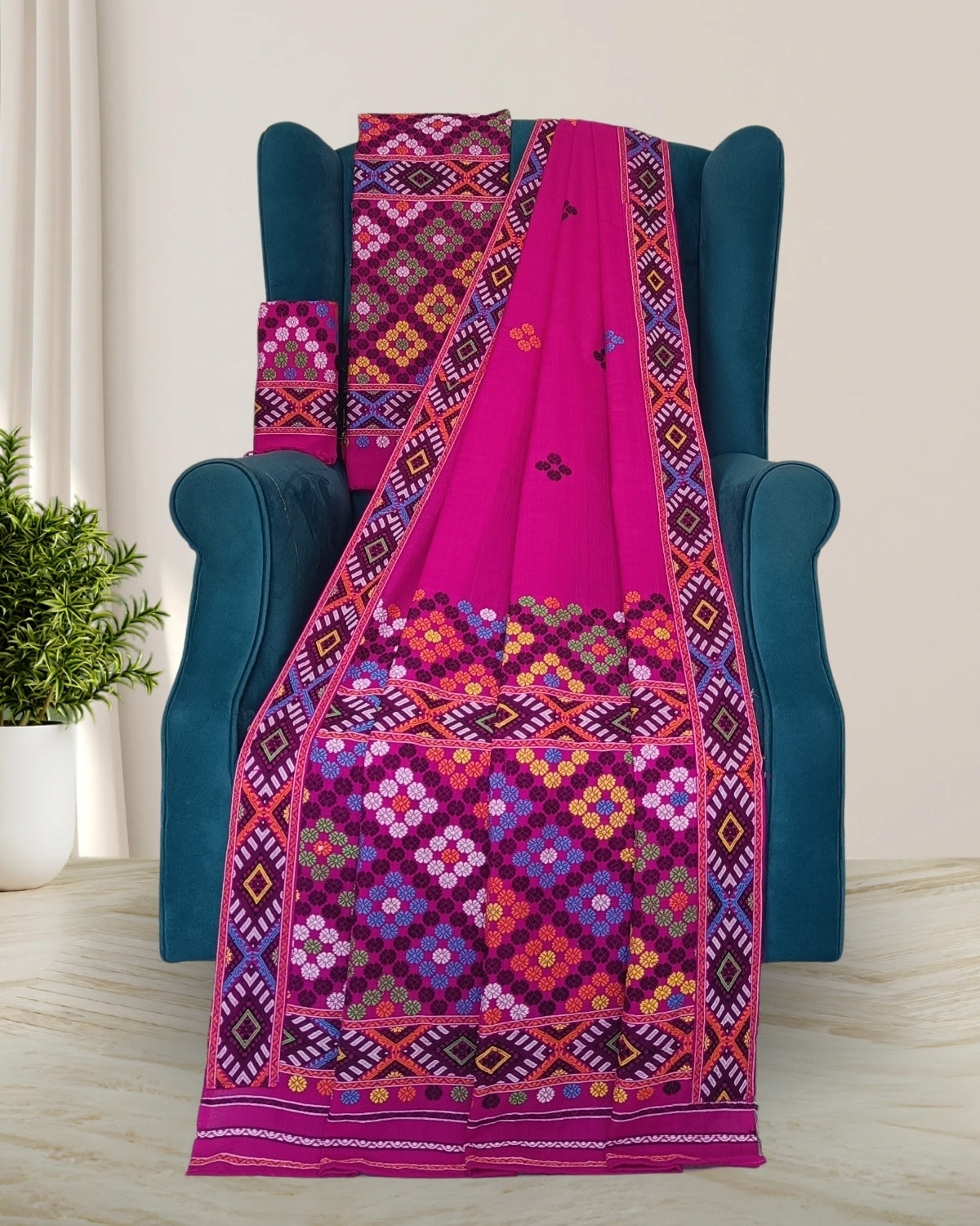 Rani pink padmini cotton Mising mekhela sador - DMC motif work