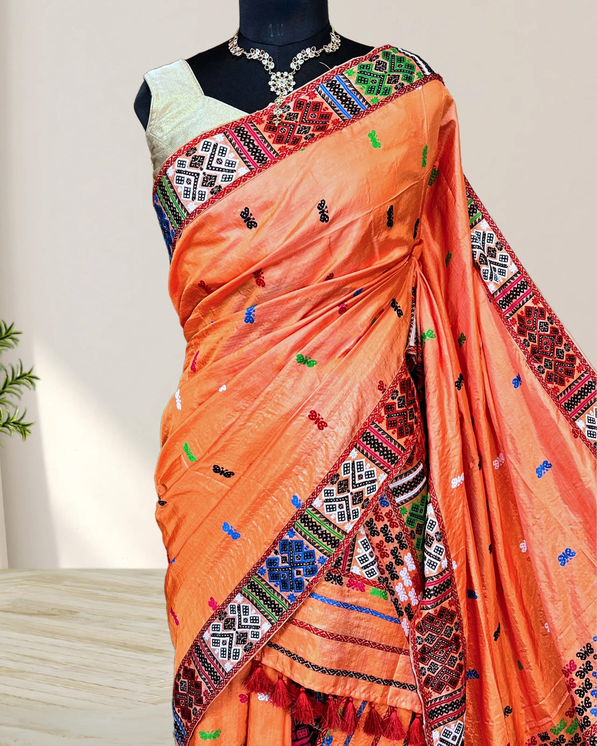 Orange tussar silk x mulberry silk mekhela sador