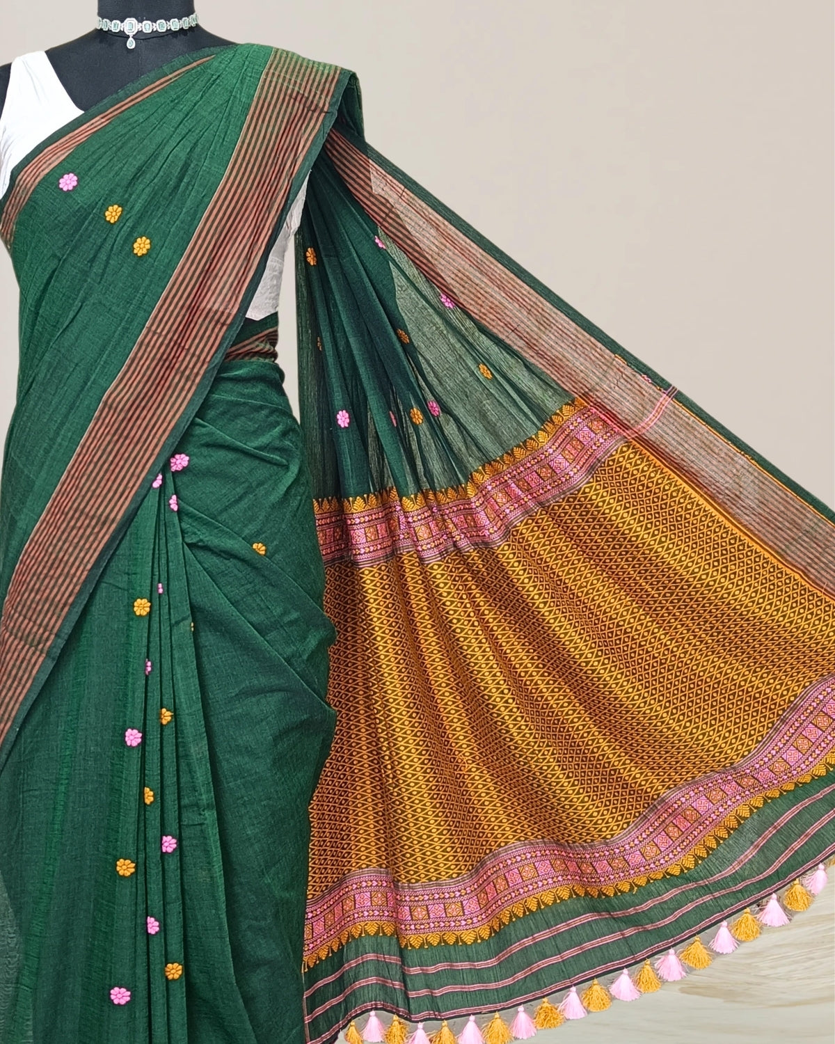 Bottle green pure cotton saree with designer motifs