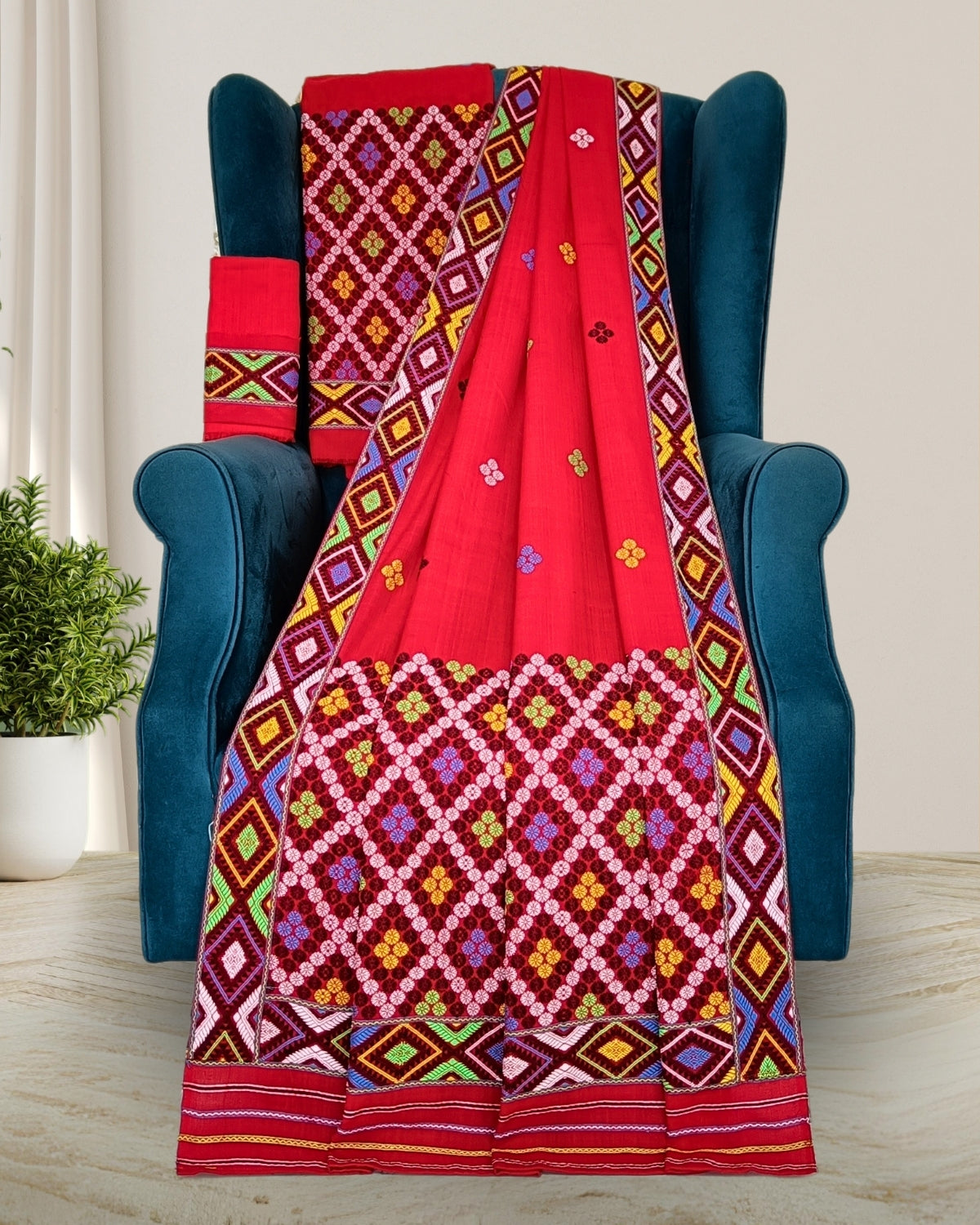 Red padmini cotton Mising mekhela chadar