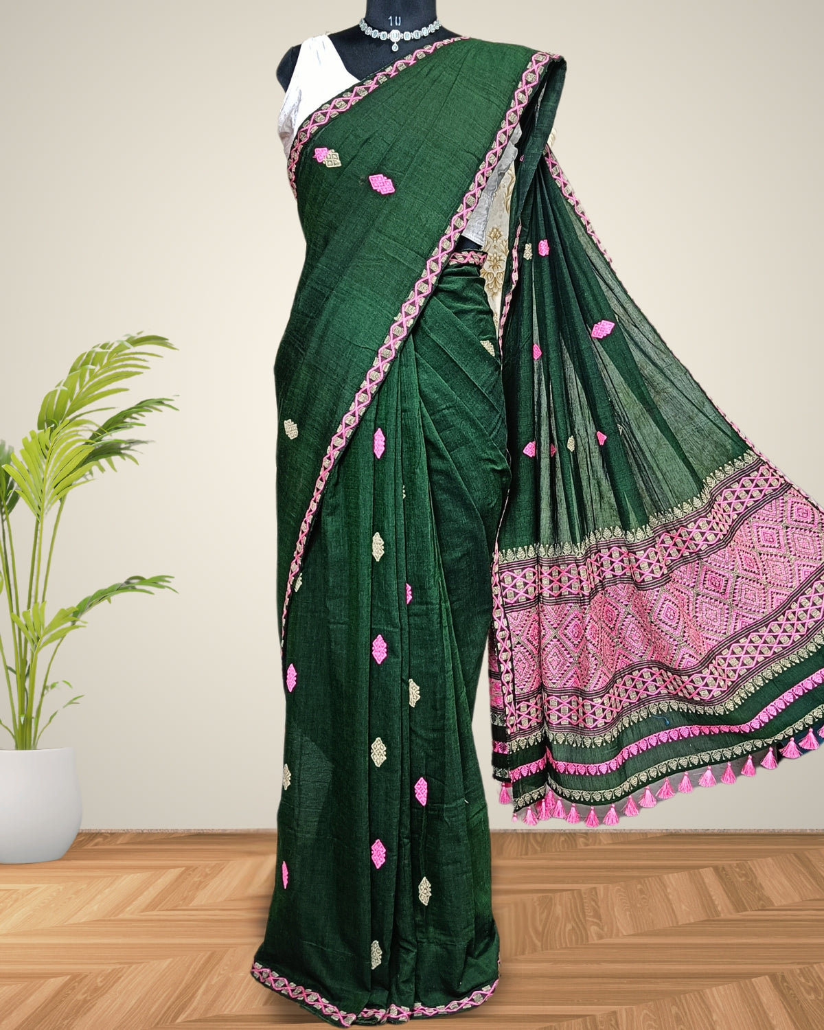 Handloom Cotton saree from Assam - Dark green
