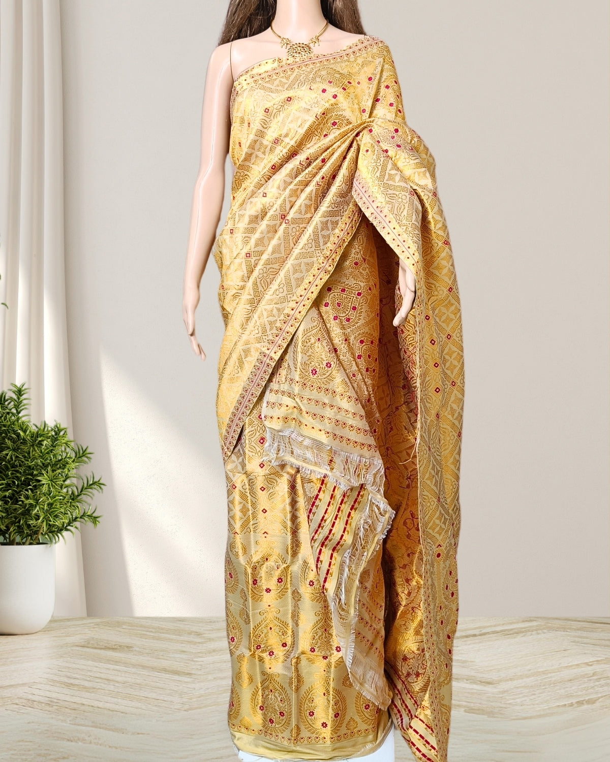 Golden color pure Mulberry silk mekhela sador