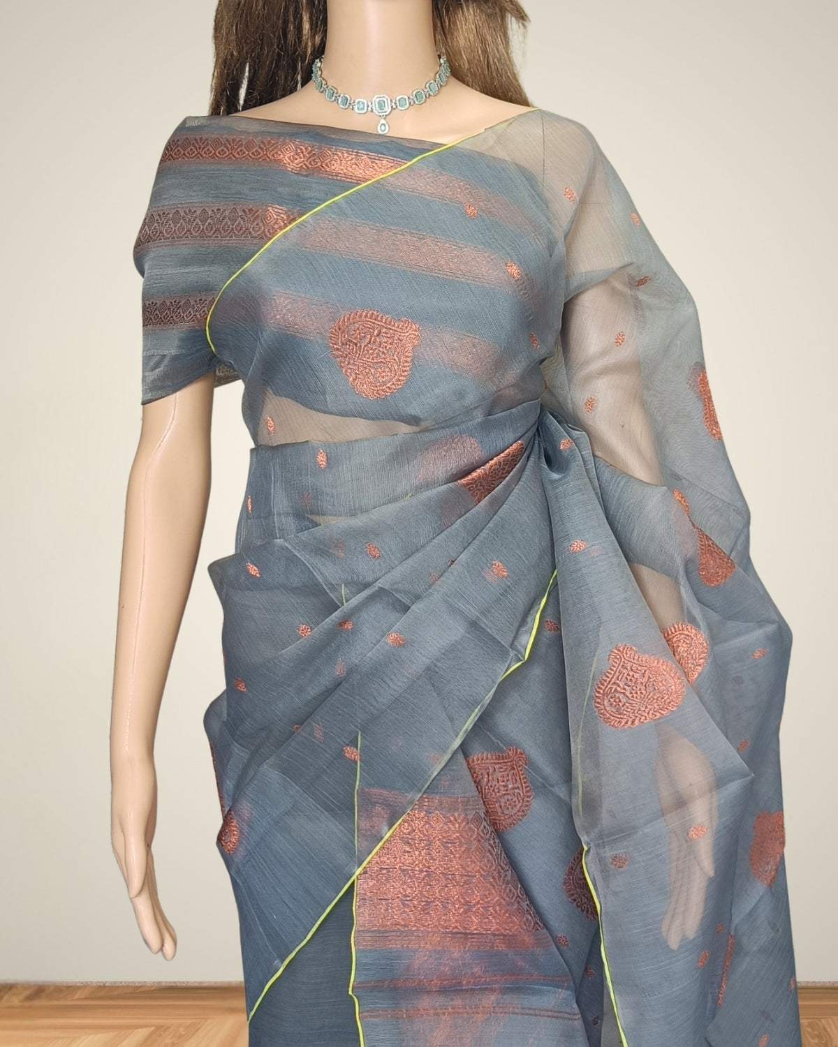 Dyed nuni mekhela sador - Steel grey