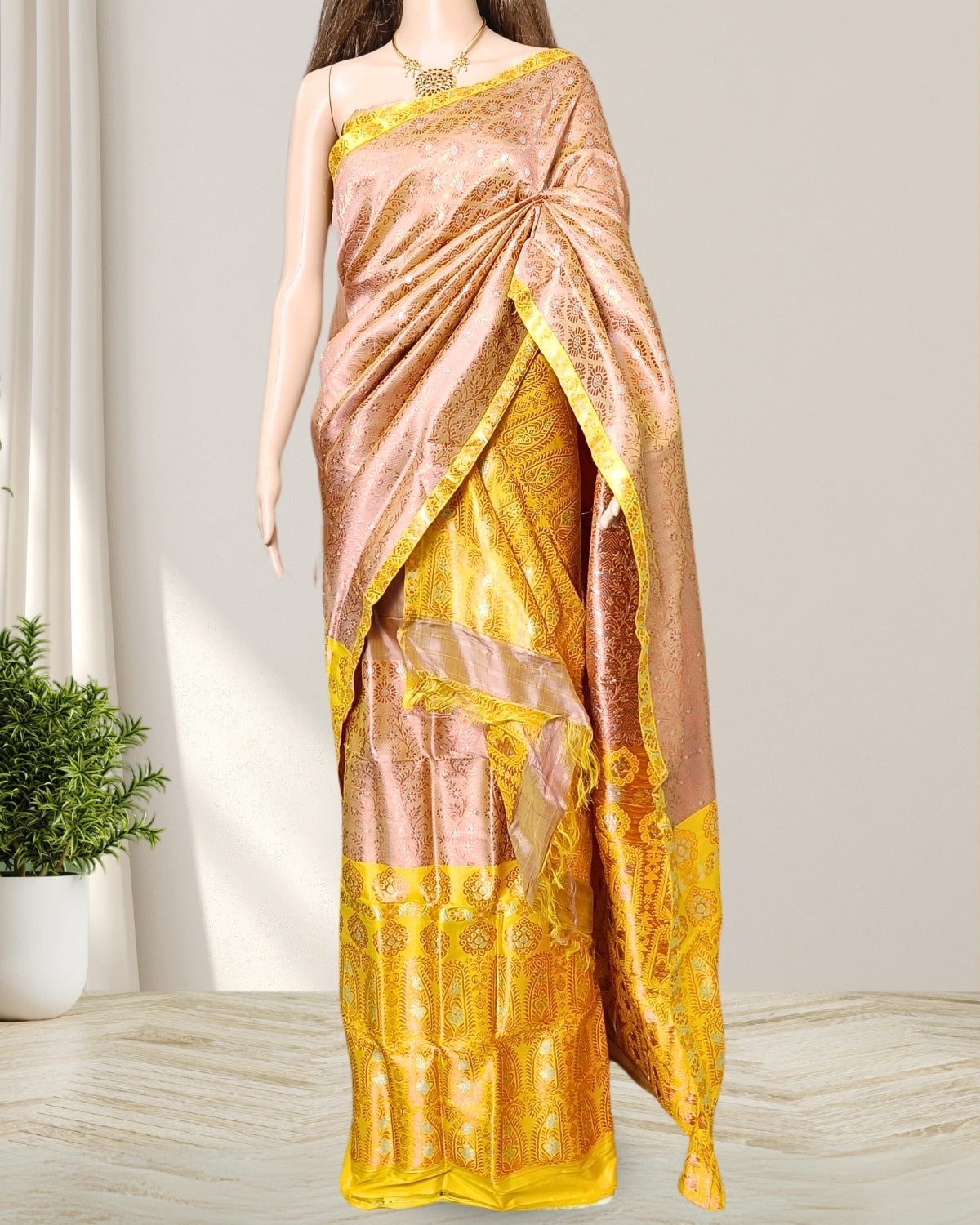 Golden brown pure Mulberry silk mekhela sador
