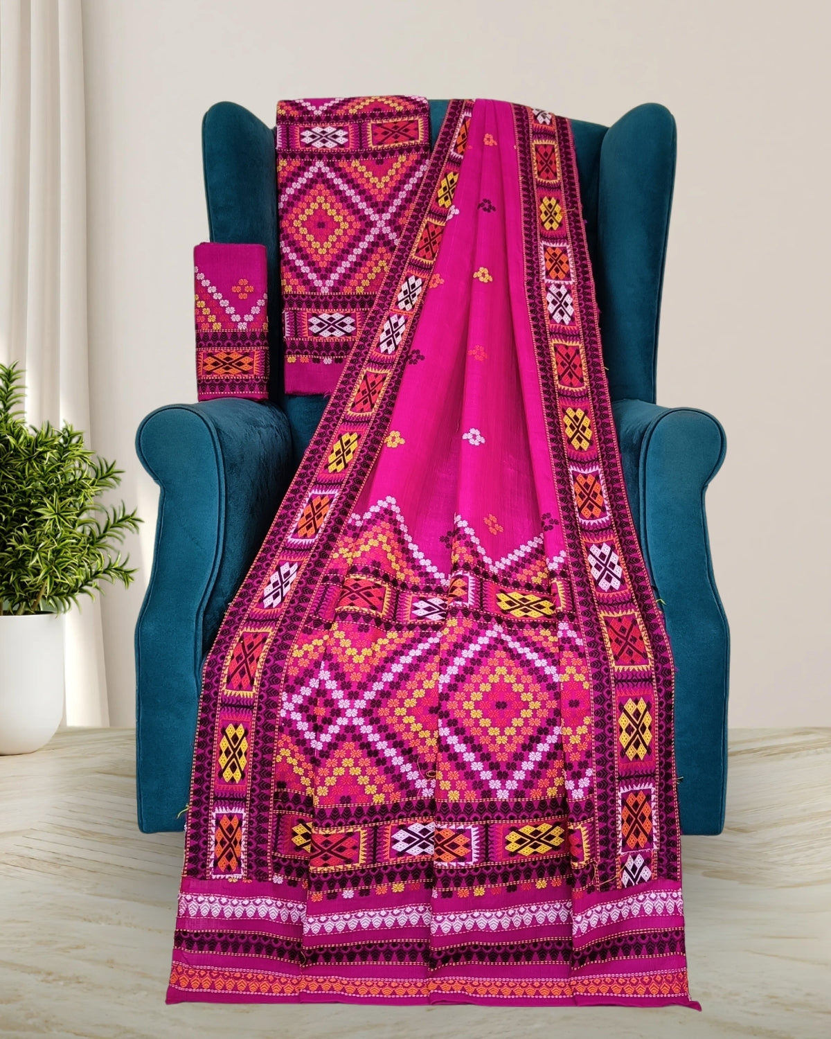Pink padmini cotton x Assam paat Mising mekhela sador - DMC motif work