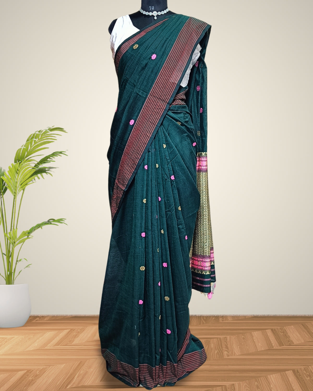 Bottle green pure cotton saree with designer motifs