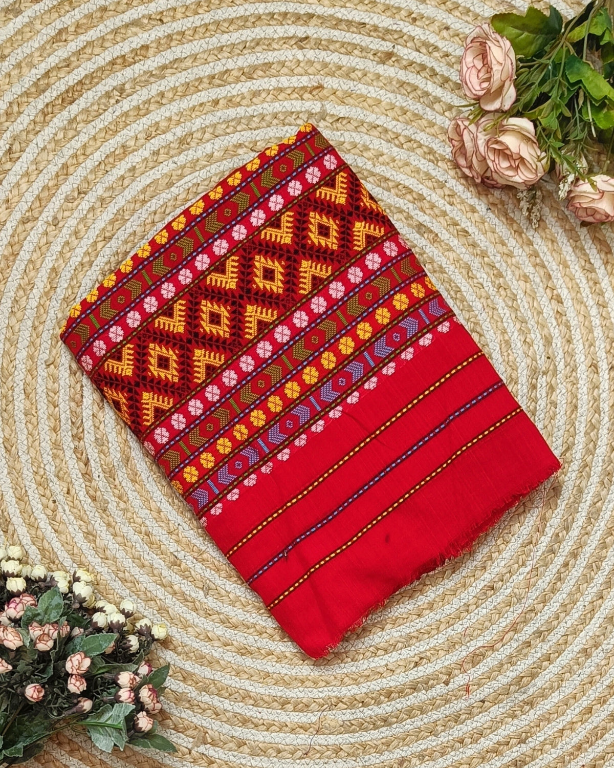 Gaseng design Mising mekhela sador - Red