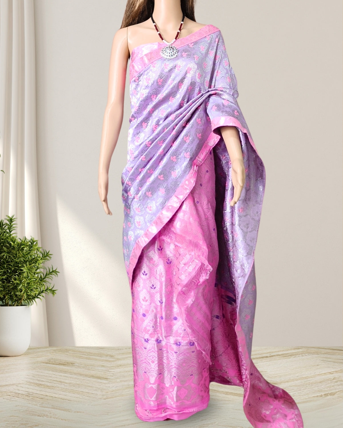 Lavender & Pink pure Mulberry silk mekhela sador