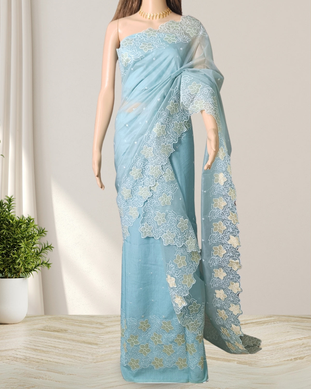 Organza aplic work mekhela sador