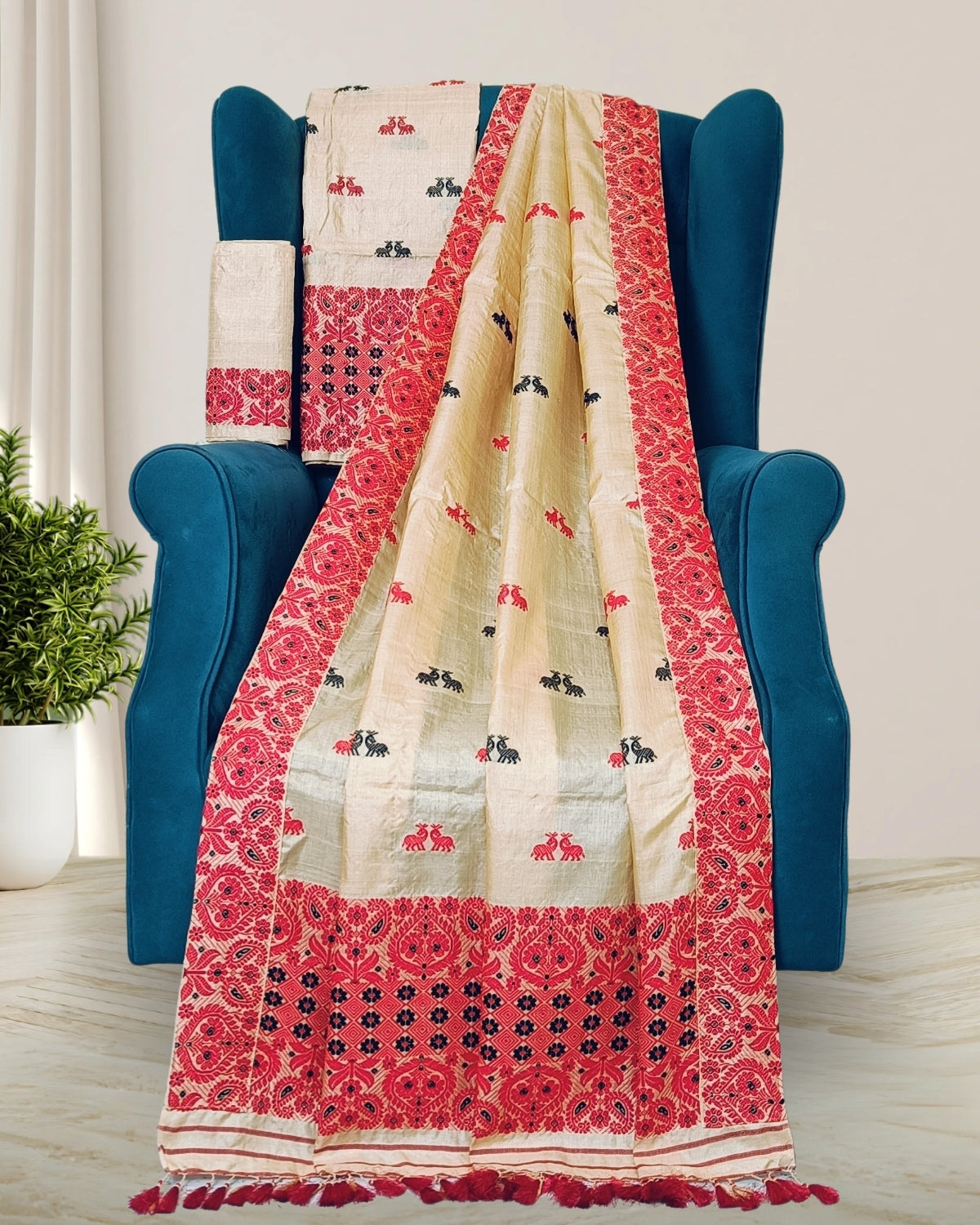 Pure tussar silk mekhela sador in Mising tribal design