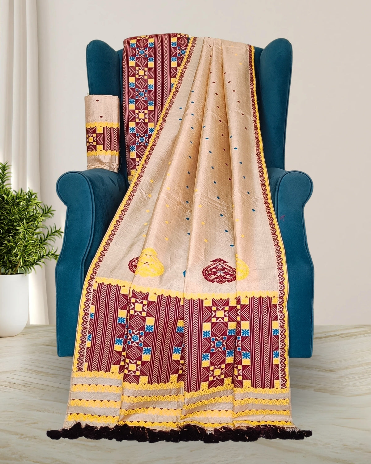 Tussar silk mekhela sador with maroon designer motifs