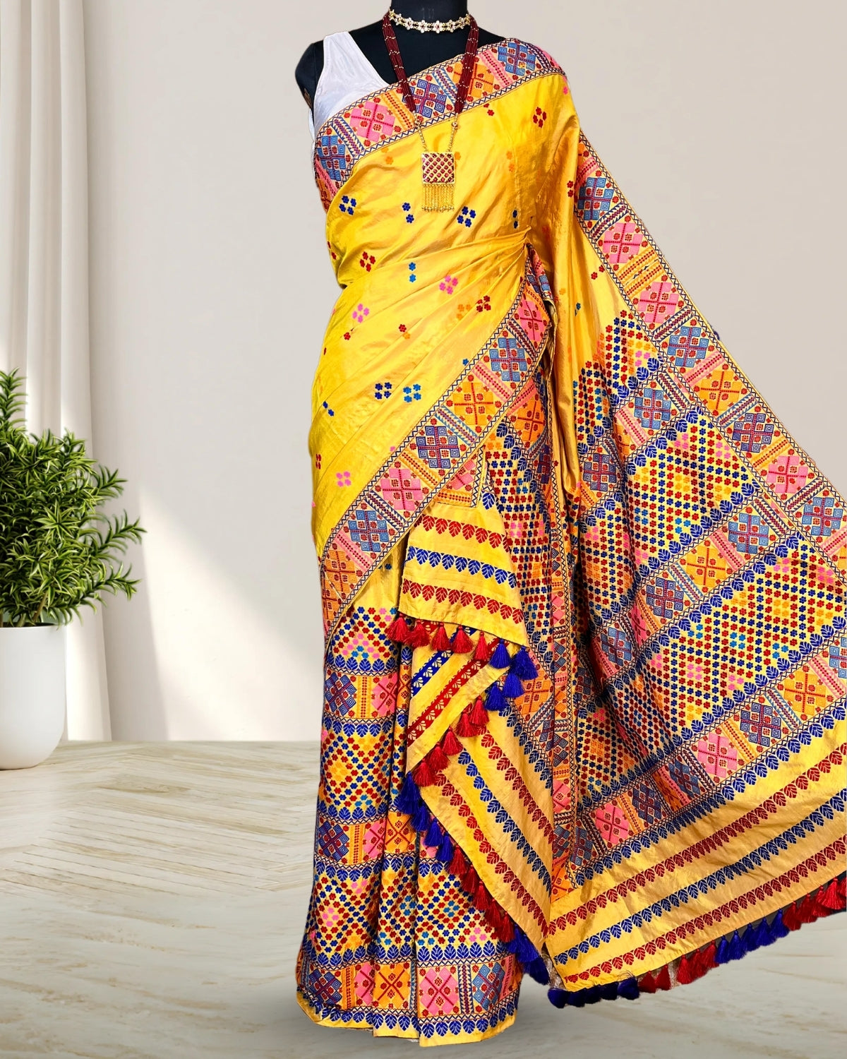 Yellow tussar silk x mulberry silk mekhela sador