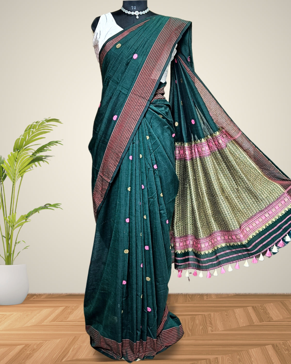 Bottle green pure cotton saree with designer motifs