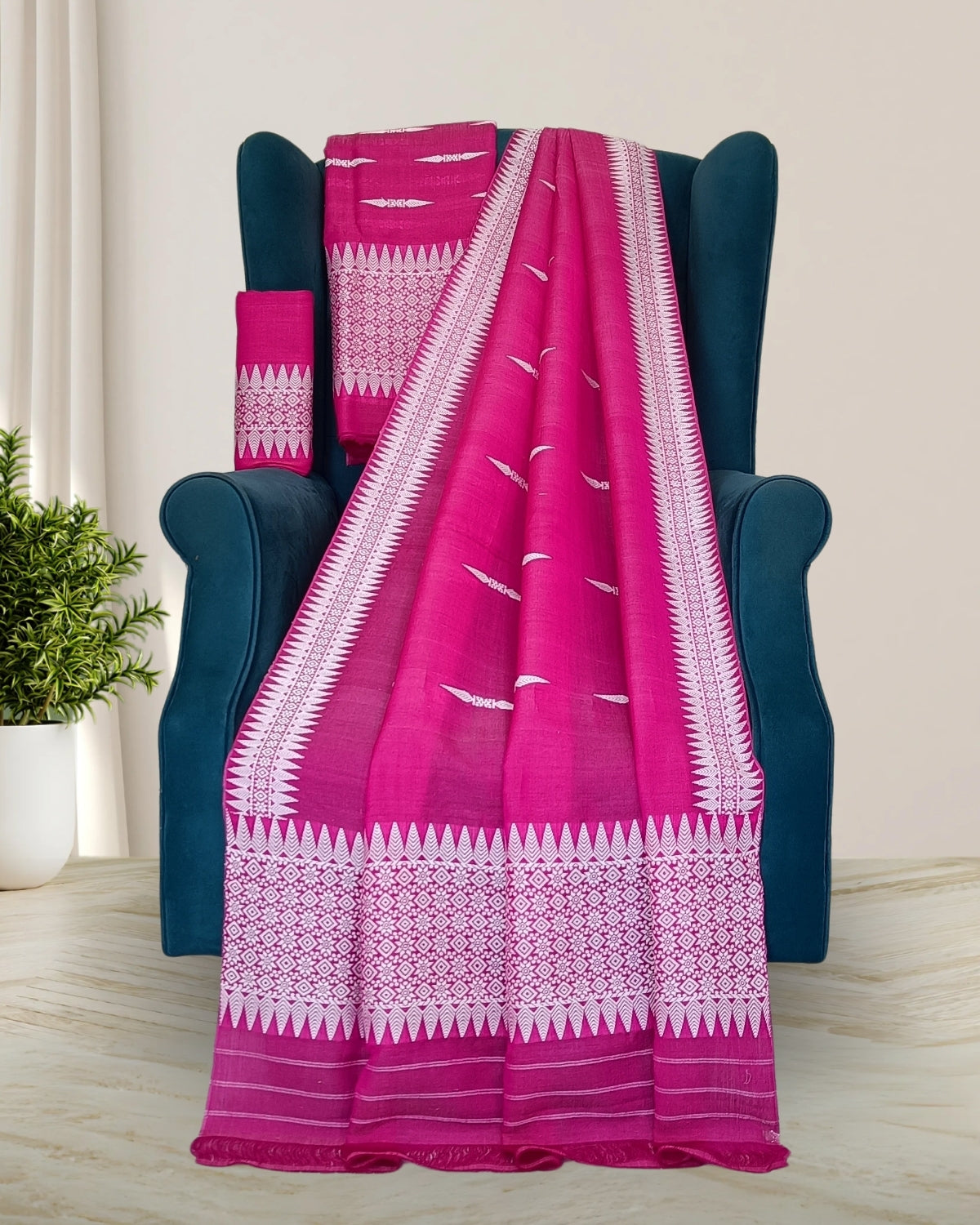 Semi nuni mekhela sador with fix border design -Pink
