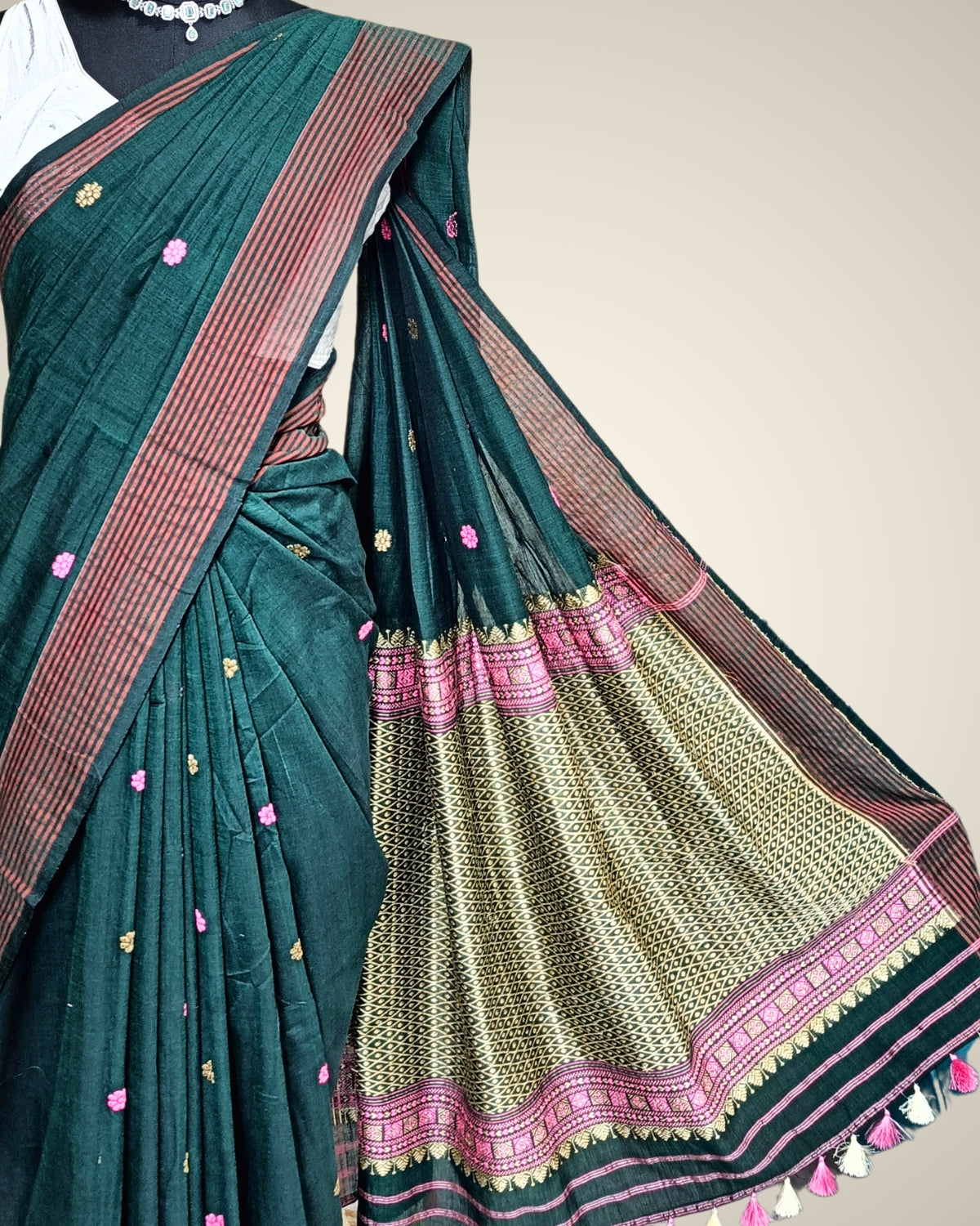Bottle green pure cotton saree with designer motifs