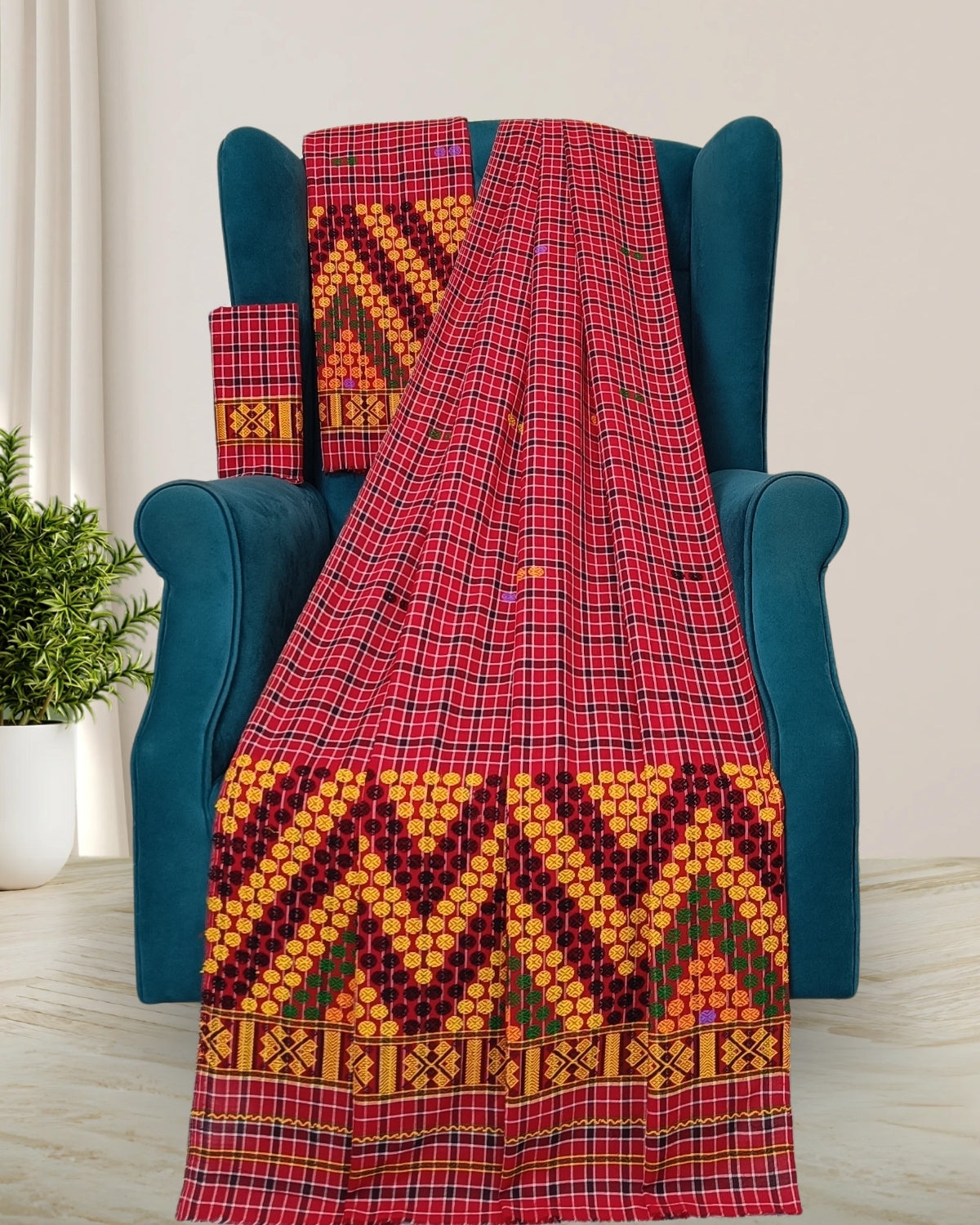 Pajok design Mising mekhela sador-Red