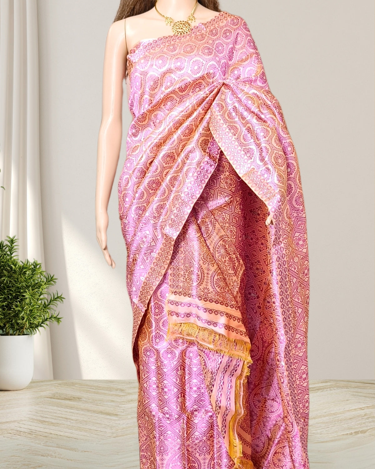 Raspberry pink pure Mulberry silk mekhela sador